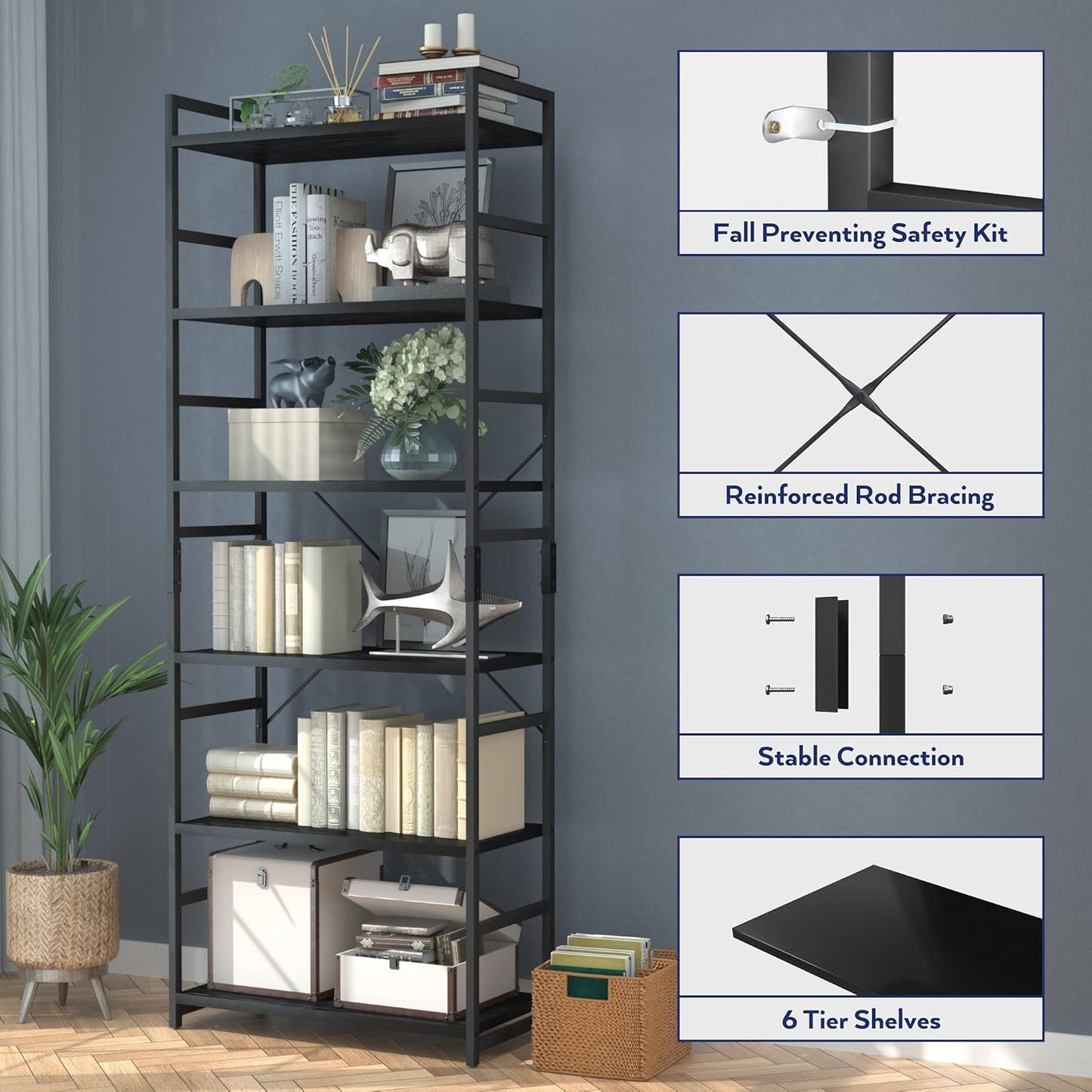 NUMENN 6 Tier Bookshelf, Tall Bookcase Shelf Storage Organizer, Modern Book Shelf for Bedroom, Living Room and Home Office, Black