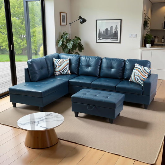103.5" Oversized Sectional Couch, L Shaped Couch with Storage Ottoman, Modern Modular Sofa with Deep Seat, Sectional Couches for Living Room and Office, Peacock Blue (PU Leather)