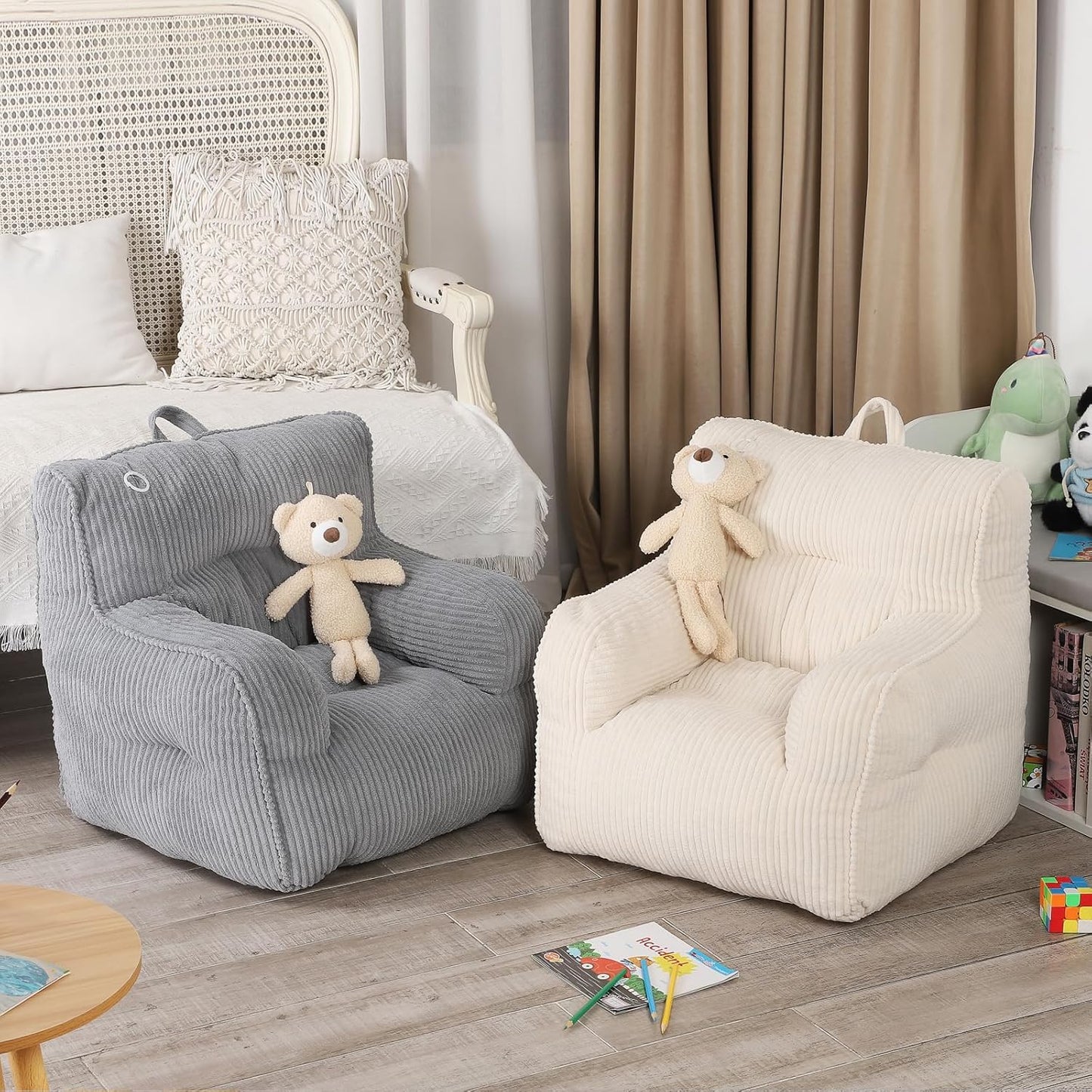 Kids Bean Bag Chair with a Plush Bear, Comfy Toddler Chair for Boys and Girls, Grey