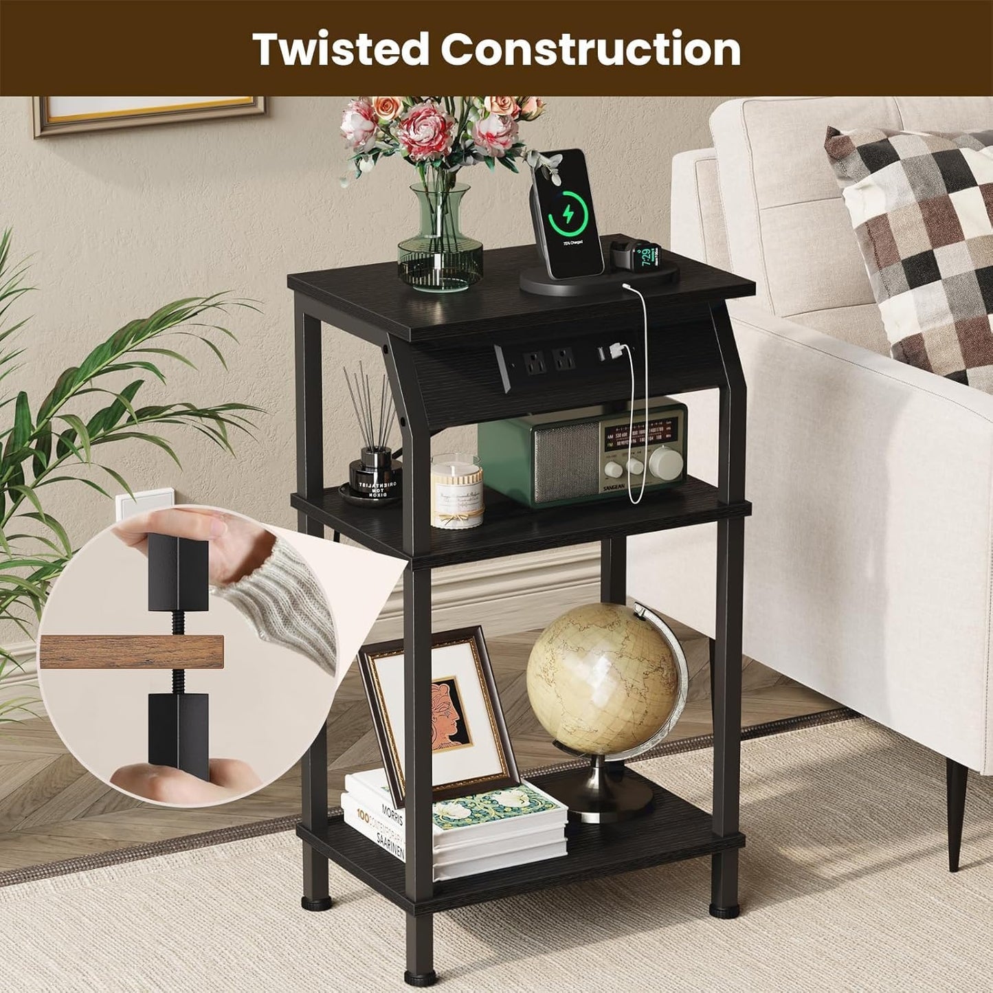 Tall End Table with Storage, 3-Tier Small Bedside Table with Charging Station, Narrow Side Table Stand, Space-Saving Nightstand for Living Room, Bedroom,Office, Black