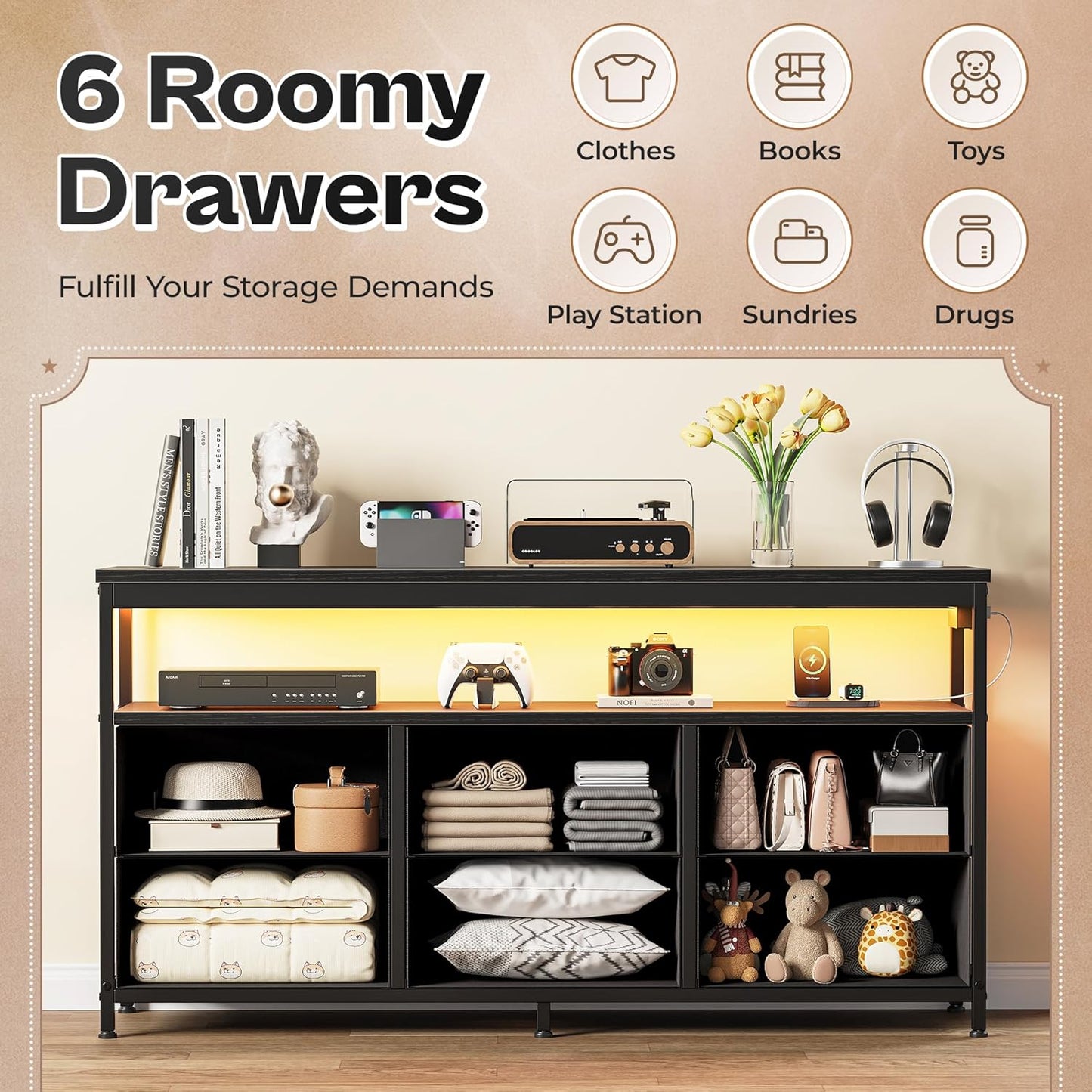 Huuger LED TV Stand for Bedroom, 47 Inch Dresser TV Stand for 43, 50, 55 Inch TV, Black TV Stand with Storage, Entertainment Center with Power Outlets, 6 Drawer Fabric Dresser for Living Room