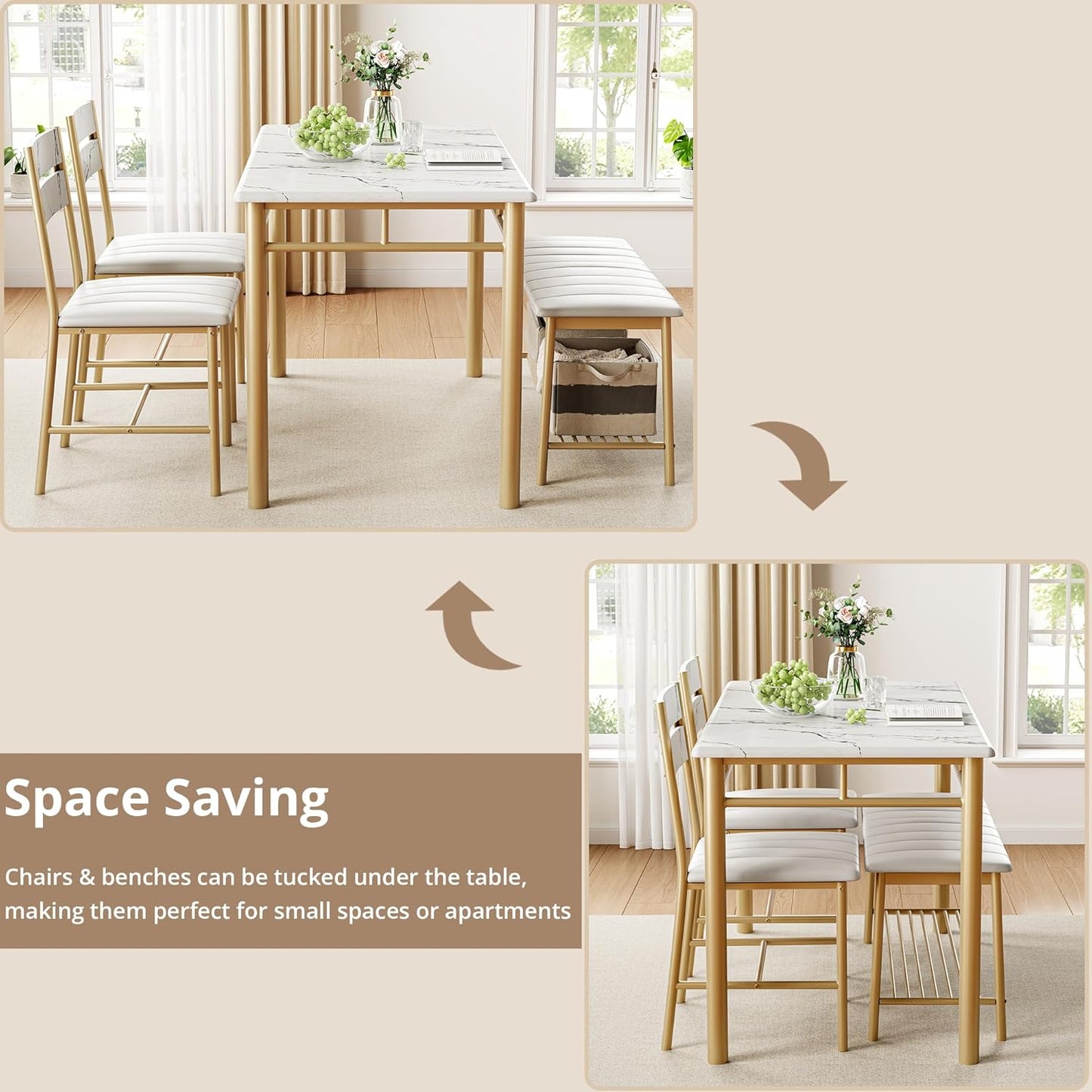 IRONCK Dining Table Set for 4, Kitchen Table with Upholstered Bench and 2 Chairs, Kitchen Table and Chairs Set for Small Space, Apartment, White & Gold
