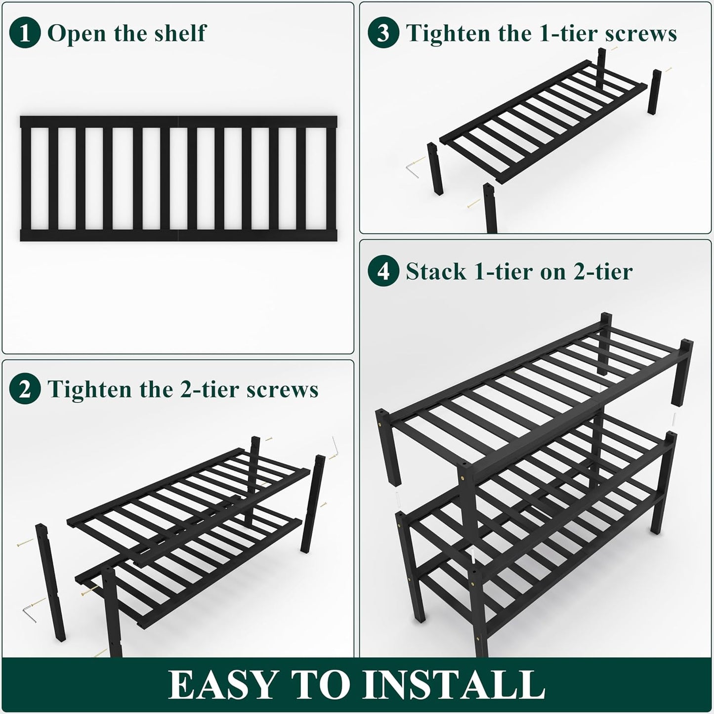 Smiry Shoe Rack, 3 Tier Bamboo Shoe Organizer, Stackable Free Standing Wooden Shoe Storage Shelf for Closet, Entryway, Front Door Entrance, Black