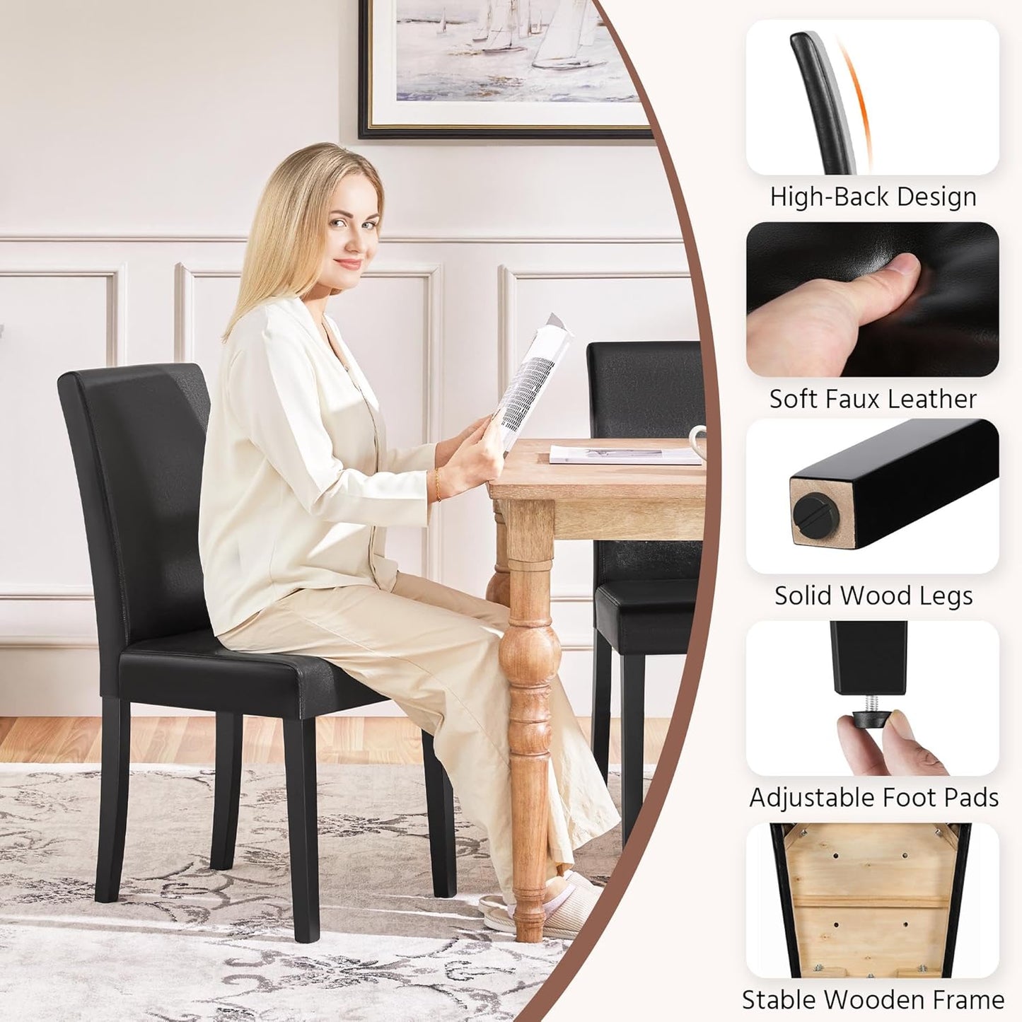 Yaheetech Dining Chairs Set of 2 Faux Leather Modern Dining Room Chairs with Rubberwood Legs and Padded Seat for Kitchen/Living Room/Restaurant, Black