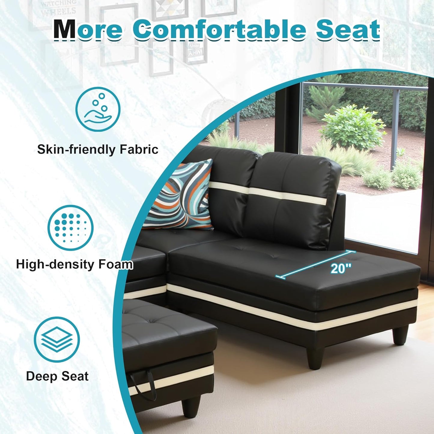 103.5" Oversized Sectional Couch, L Shaped Couch with Storage Ottoman, Modern Modular Sofa with Deep Seat, Sectional Couches for Living Room and Office, Black and White (PU Leather)