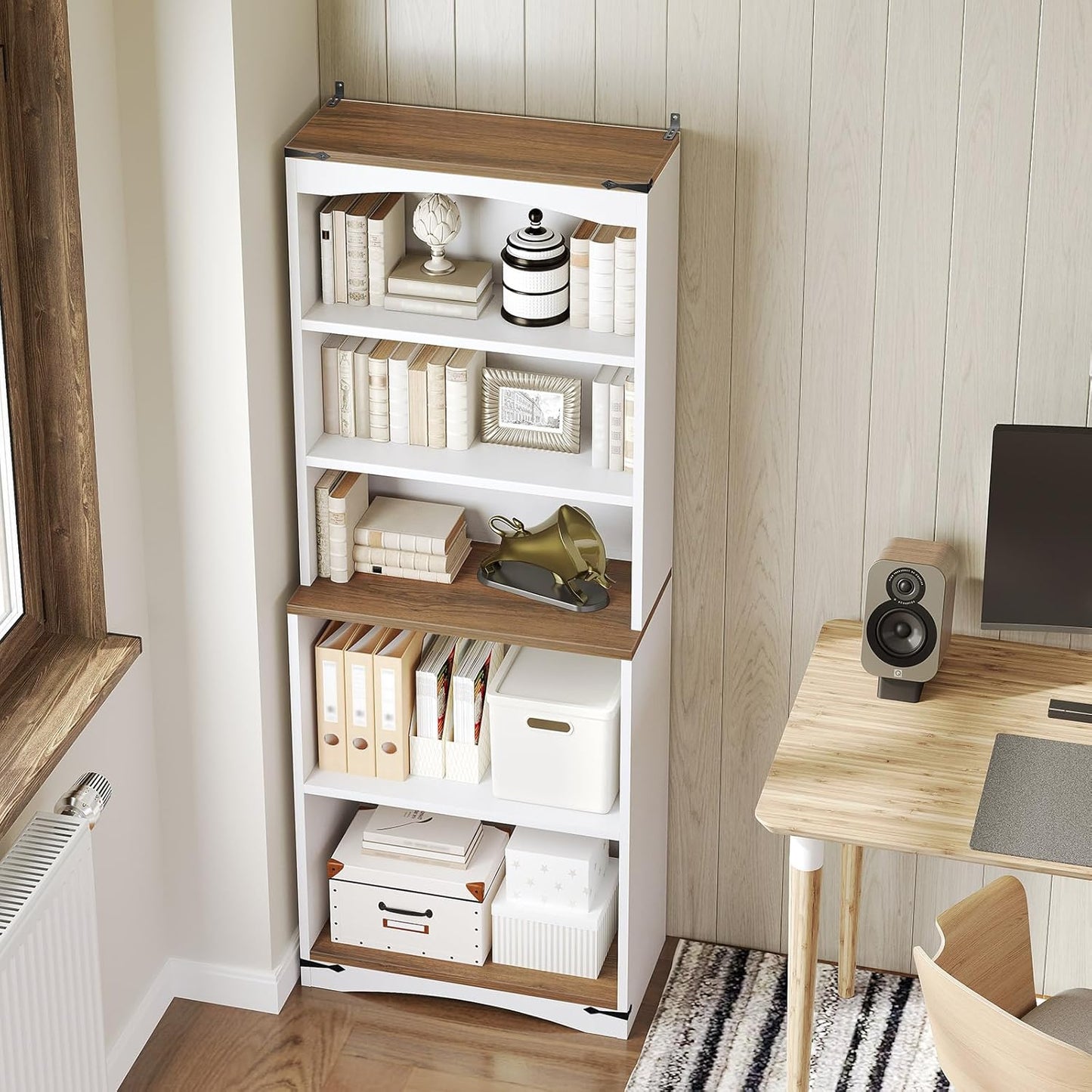 Tall Bookcase and Bookshelf, 6-Tier Bookcase with Storage, 63" Wooden Bookshelf, Farmhouse Freestanding Display Storage Shelves for Home Office, Living Room, White and Natural SJ09WH