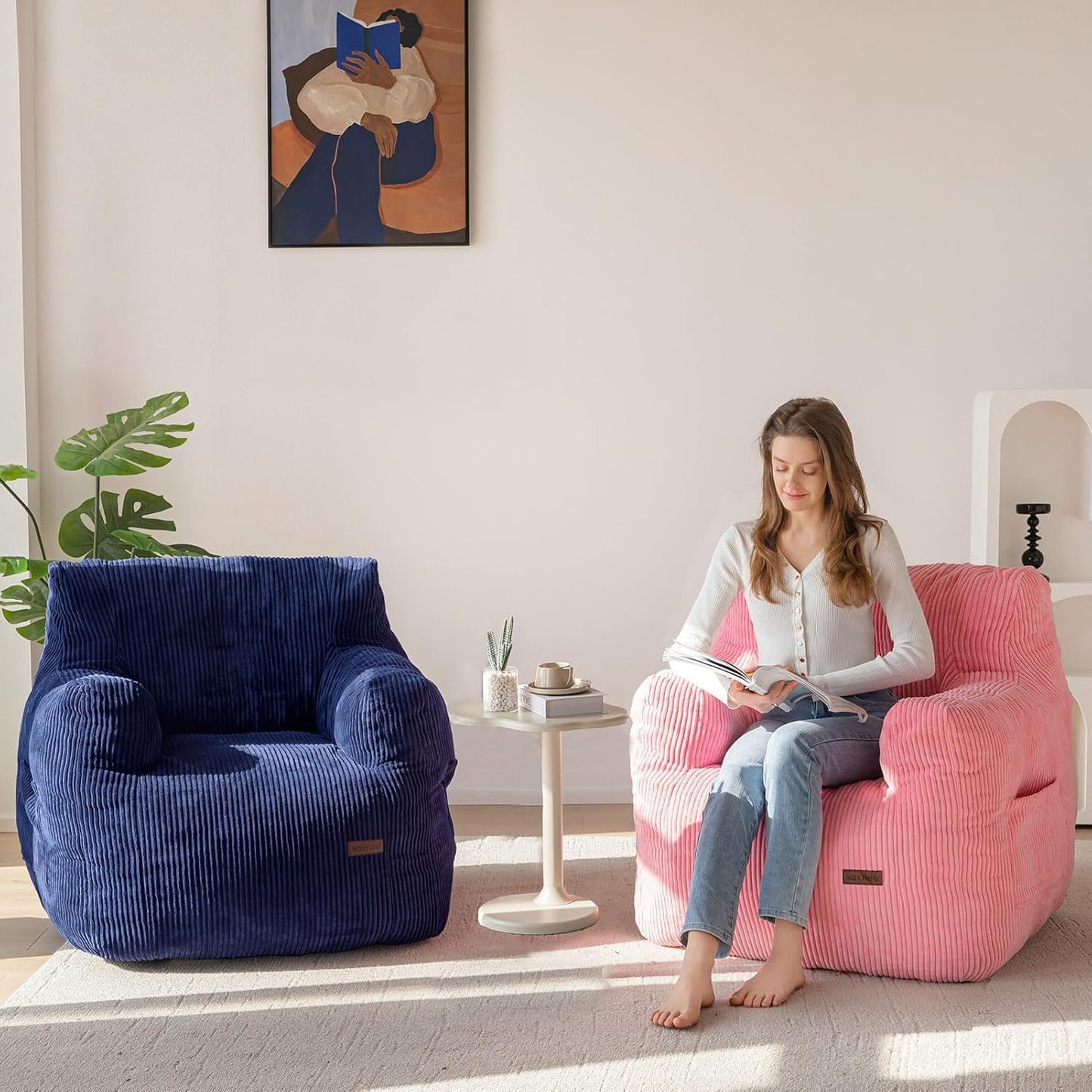 MAXYOYO Bean Bag Chair, Tufted Bean Bag Couch Lazy Chair, Living Room Sofa Couch with Filler for Adult Teens Kids, Corded Fabric Accent Sofa for Bedroom Dorm, Navy