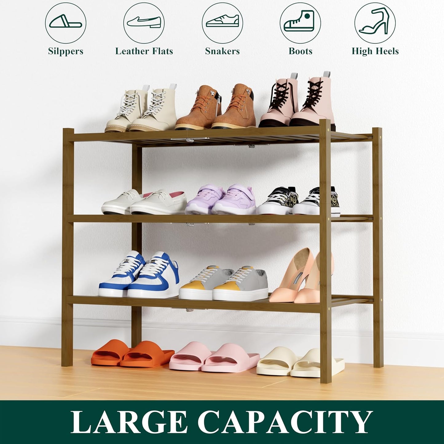 Smiry Shoe Rack, 3 Tier Thick Bamboo Shoe Organizer, Stackable Free Standing Wooden Shoe Storage Shelf for Closet, Entryway, Front Door Entrance, Walnut
