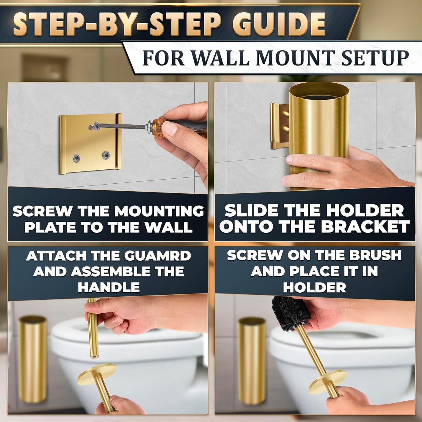 Gold Toilet Brush and Holder Set with Wall Mount - Modern Wall Mounted Toilet Brush Made from Corrosion-Resistant Stainless Steel - Removable Inner Bowl, Splash Protection & Dense Bristles Supplied