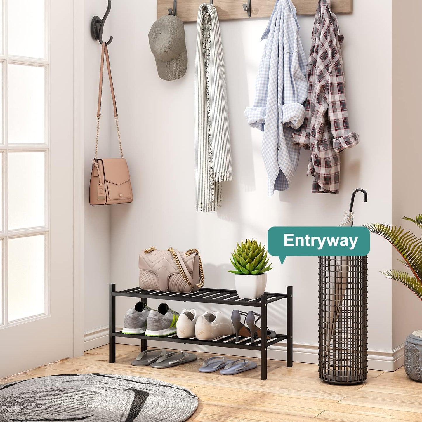 2-Tier Black Bamboo Shoe Rack for Entryway, Stackable | Foldable | Natural, Shoe Shelf Storage Organizer for Hallway Closet, Free Standing Shoe Racks for Indoor Outdoor