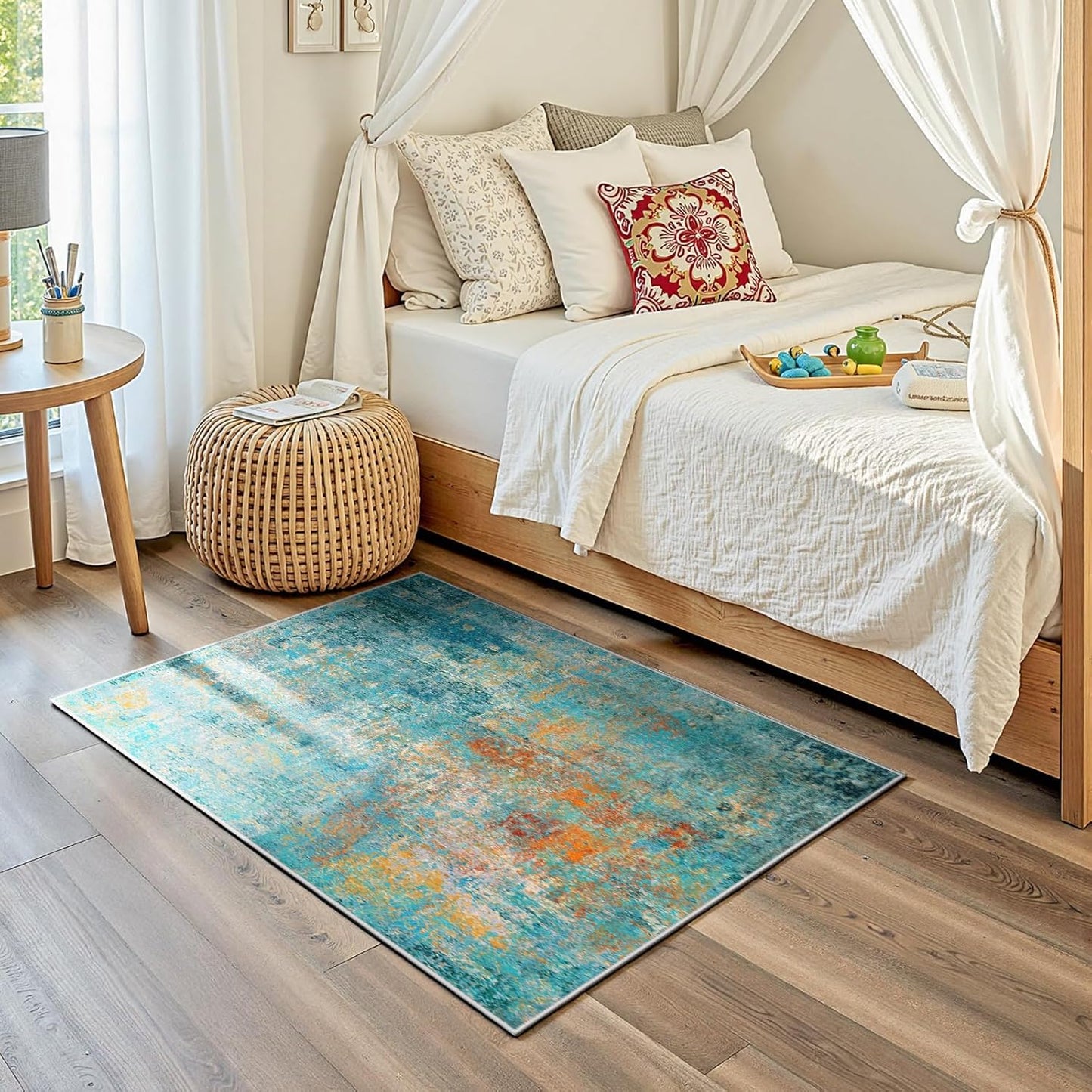 Washable Area Rugs 2'x3' Non-Slip Modern Abstract Soft for Living Room Entryway Bedroom Nursery, Print Pattern, Teal Blue Green Orange Rust Red Colorful
