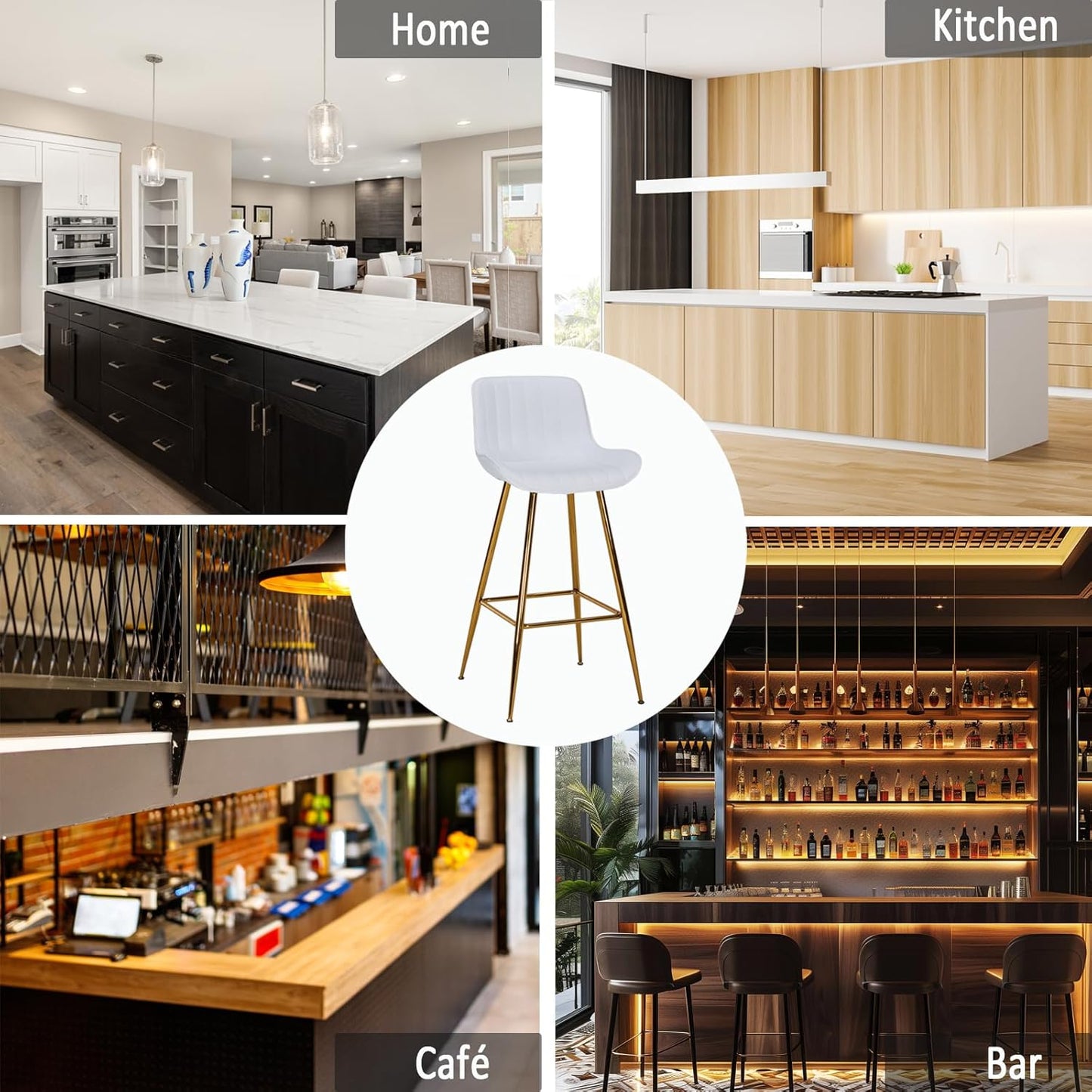 Sidanli Velvet Bar Stools with Gold Legs, Set of 2 Counter Height Stools for Kitchen Island, 29 Inch Modern Barstools with Swivel Leveling Feet, White