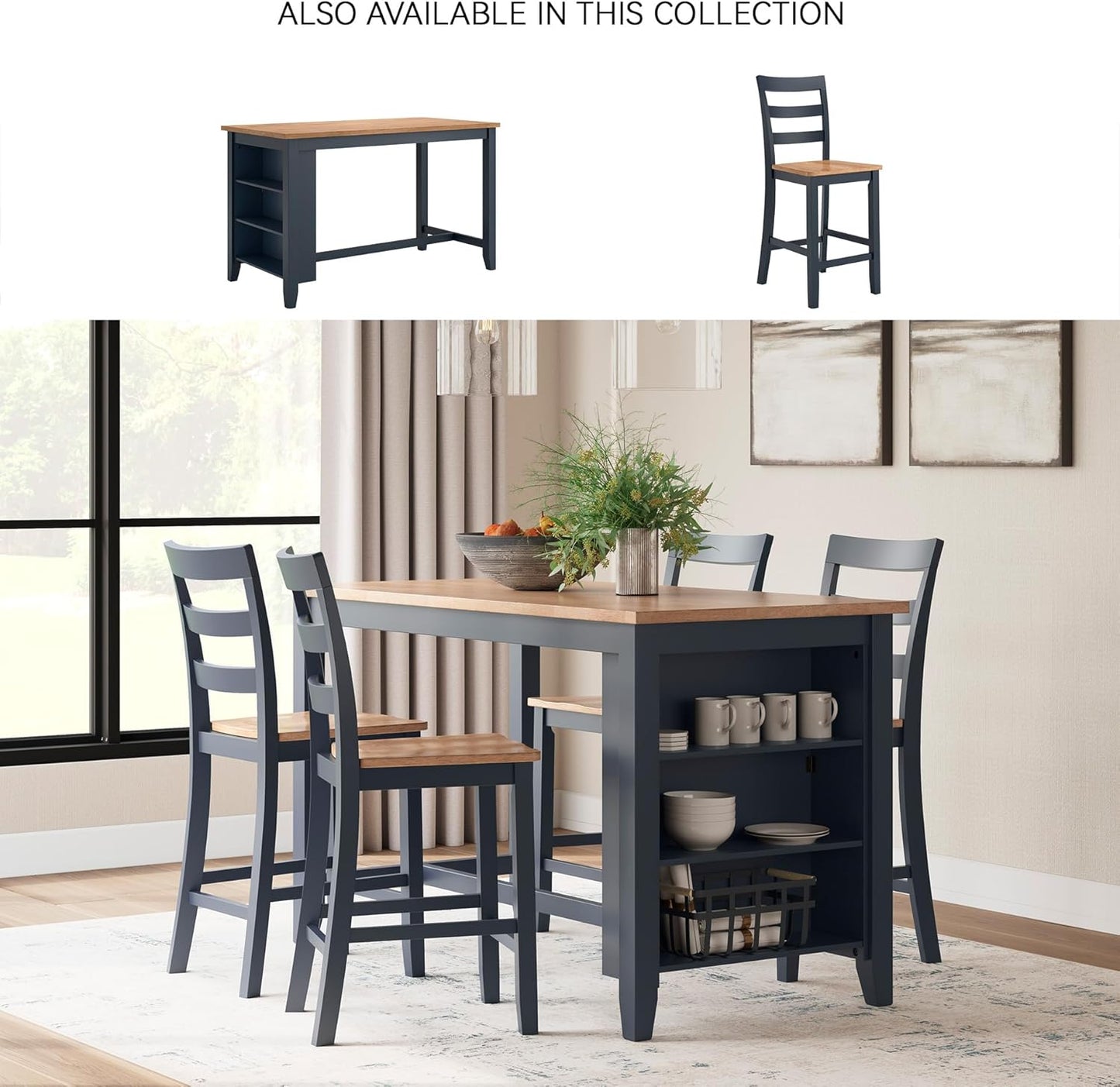 Signature Design by Ashley Gesthaven Solid Wood Frame Counter Height Barstool, Set of 2, Slate Blue/Natural