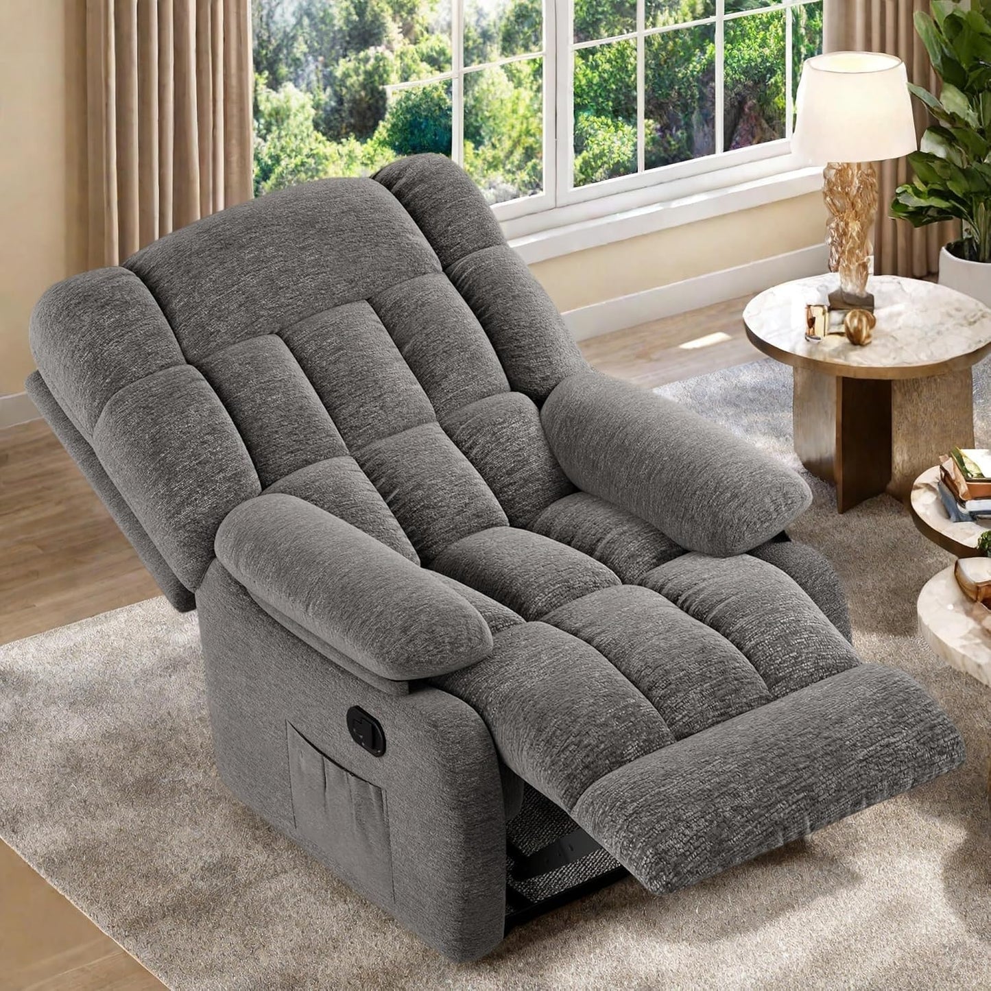 Oversized Recliner Chair, Adjustable Recliner with Side Pockets, Living Room Reclining Lounge Chair for Adults, Small Spaces Comfy Sofa with Theater Seating for Bedroom, Gray