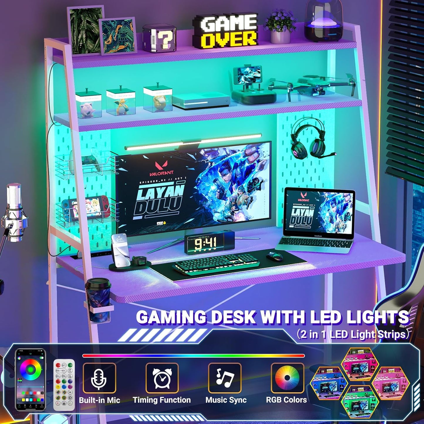 Gaming Desk with Hutch and LED Lights, Gaming Computer Desk with Power Outlets, Gamer Desk with Storage Shelves & Pegboards for Bedroom, Carbon Fiber Purple, 43"