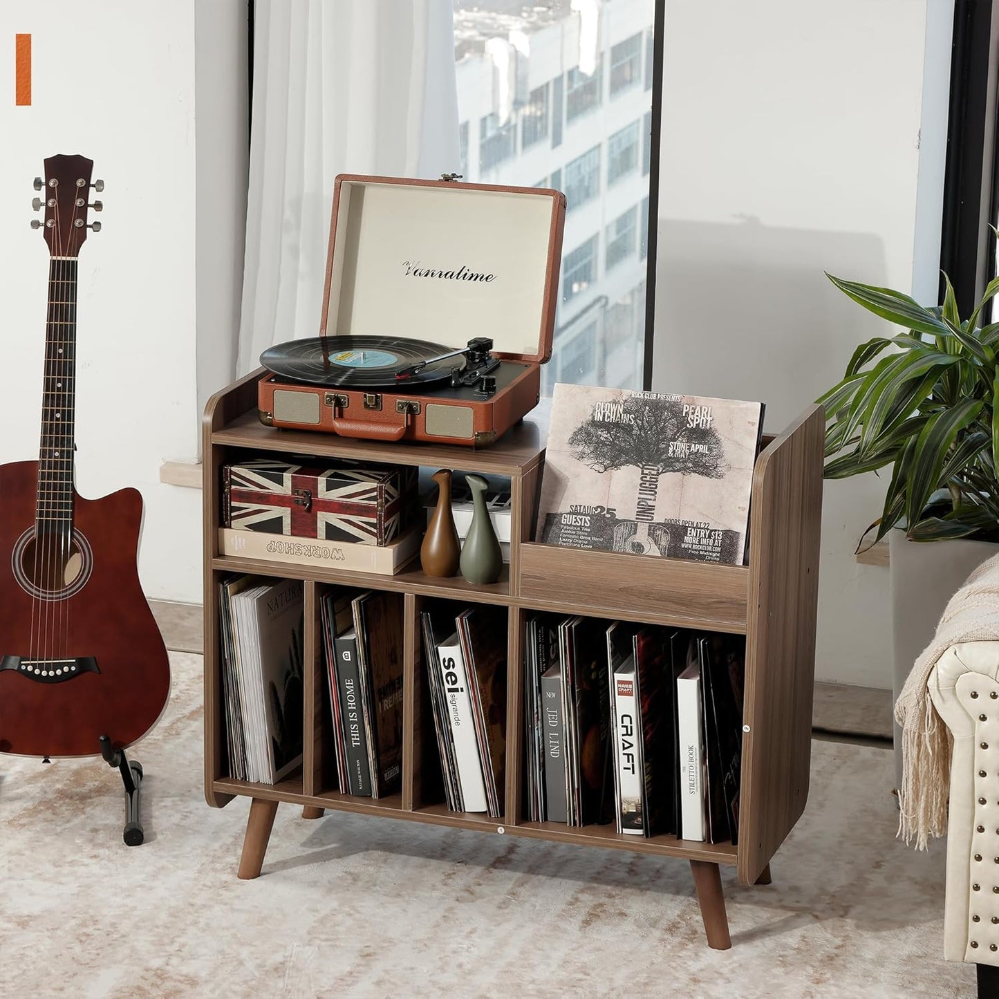 Record Player Stand, Large Record Player Table Cabinet with Open Vinyl Storage and Display Shelf Holds up to 350 Albums, Mid Century Wood Turntable for Living Room, Bedroom (Walnut)