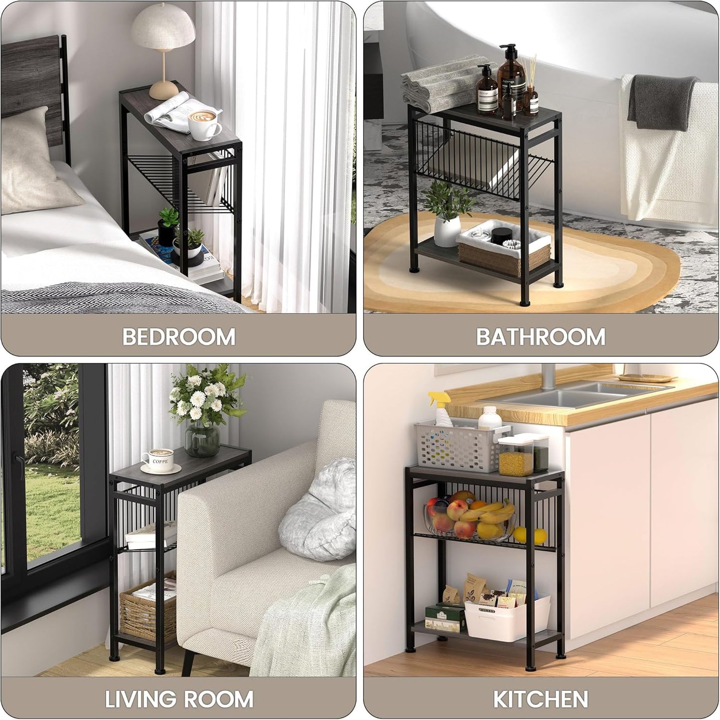 End Table for Small Space, 3-Tier Narrow Side Table with Magazine Holder,Slim Nightstand, Skinny Snack Couch Table in Living Room, Bedroom Study and Balcony (Grey)