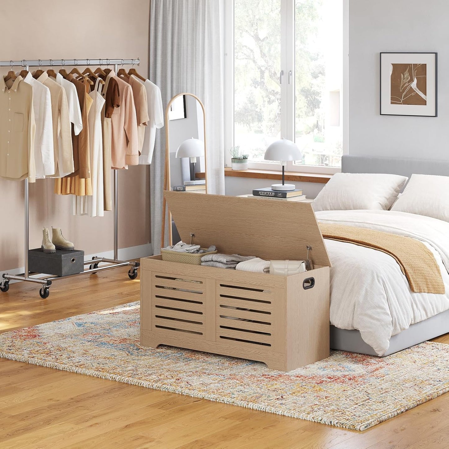 DINZI LVJ Storage Chest, 43.3”Wooden Storage Box with 2 Safety Hinges, Entryway Shoe Bench with Flip-Top, Farmhouse Style Trunk for Living Room, Bedroom, Play Room, Easy Assembly, Natural