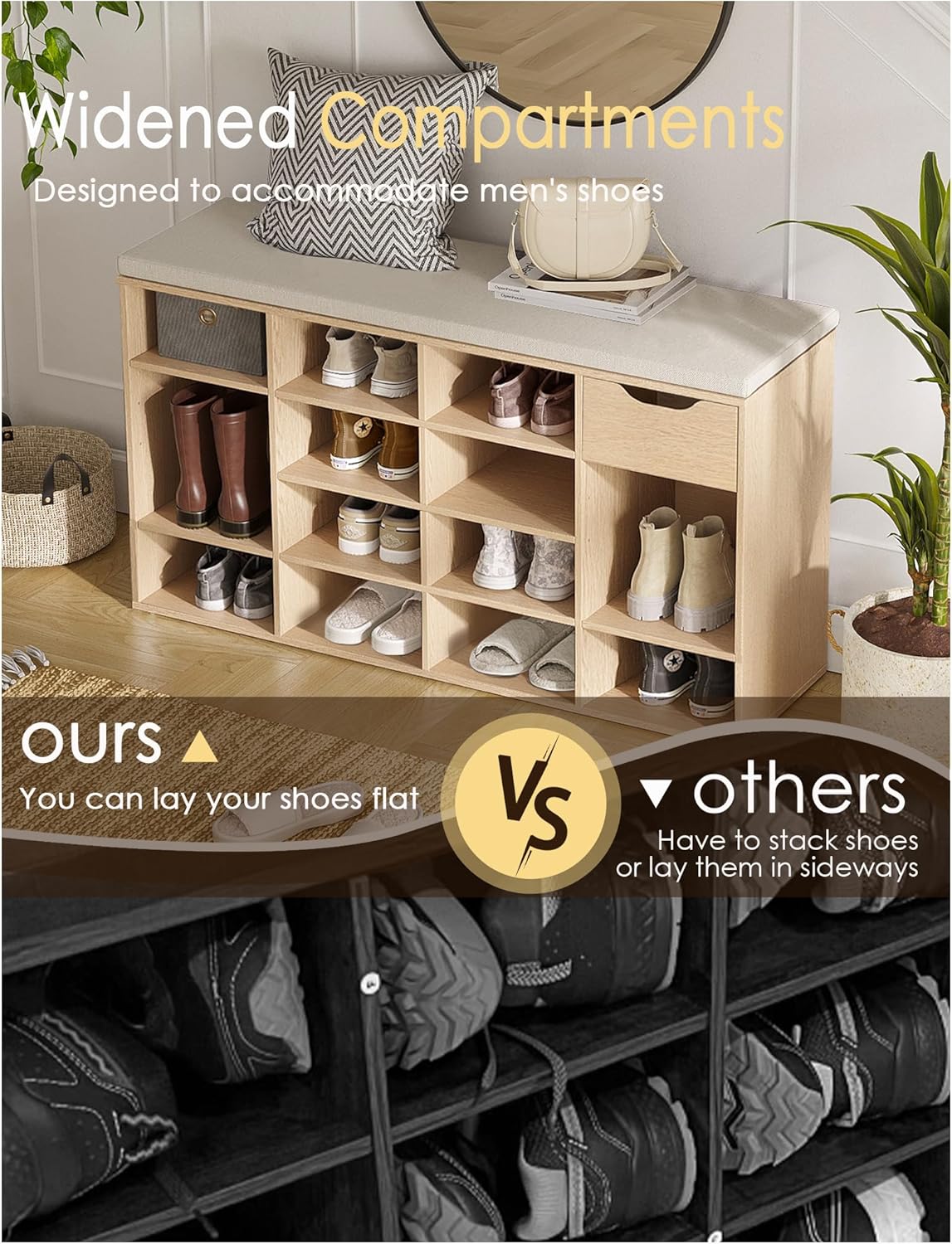 DINZI LVJ Shoe Bench, Entryway Storage Bench with Drawer and 15 Cubbies, Cubby Shoe Rack with Adjustable Shelves, Shoe Organizer Cabinet for Living Room, Bedroom, Mudroom, Closet and Garage, Natural