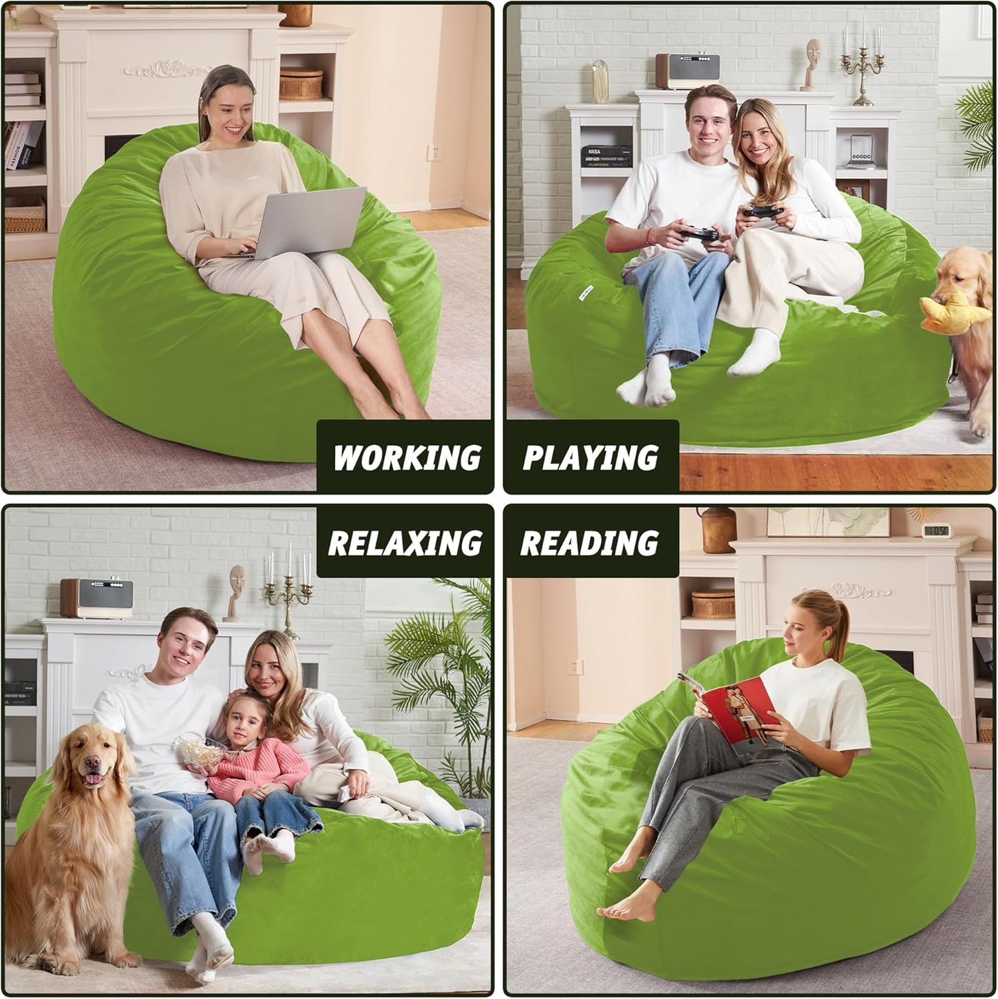 5FT Bean Bag Chair with Ultra Soft Velvet Cover Bean Bag Sofa with Memory Foam Bean Bag Chairs with Large Size Lazy Sofa for Dorm Office Living Room Bedroom Grass Green 5'