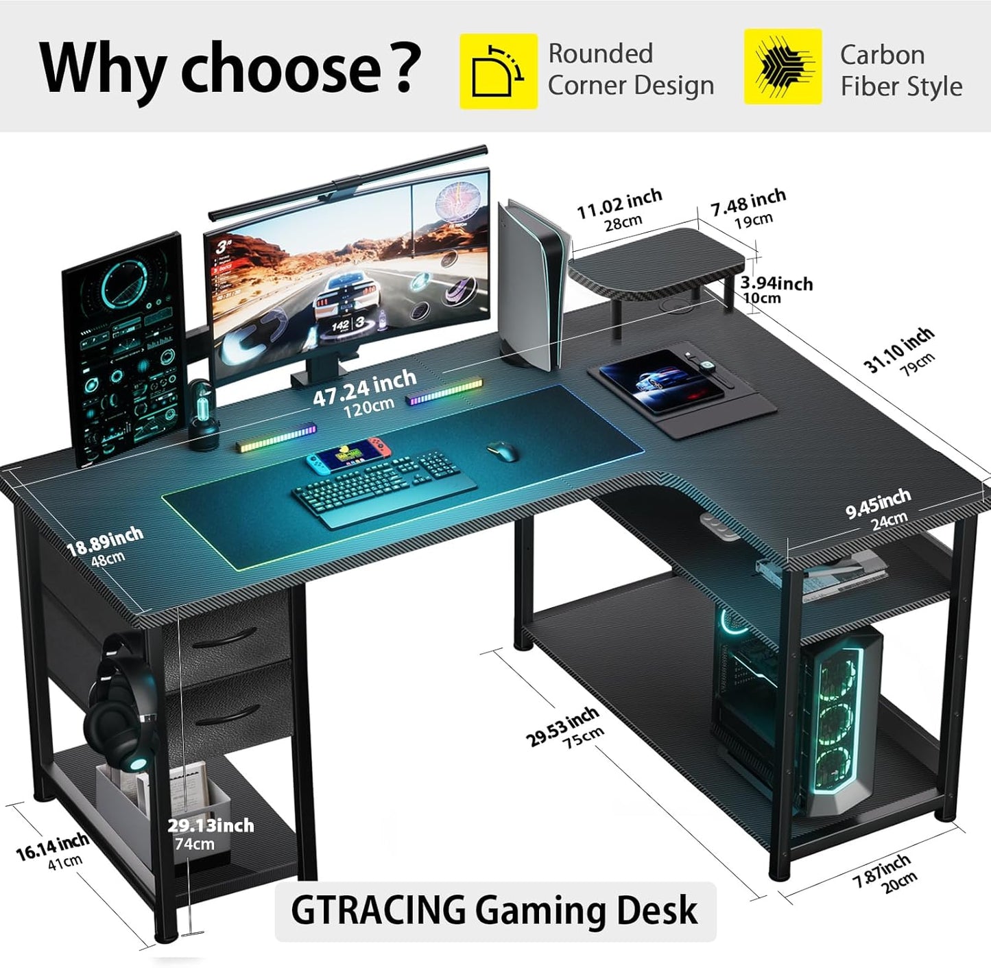 GTRACING Gaming Desk with Drawers, Carbon Fiber Style L Shaped Computer Desk Compatible with Monitor Arm Corner Desk Gaming Table for Home Office Desks, Easy to Assemble Adjustable Shelf Height