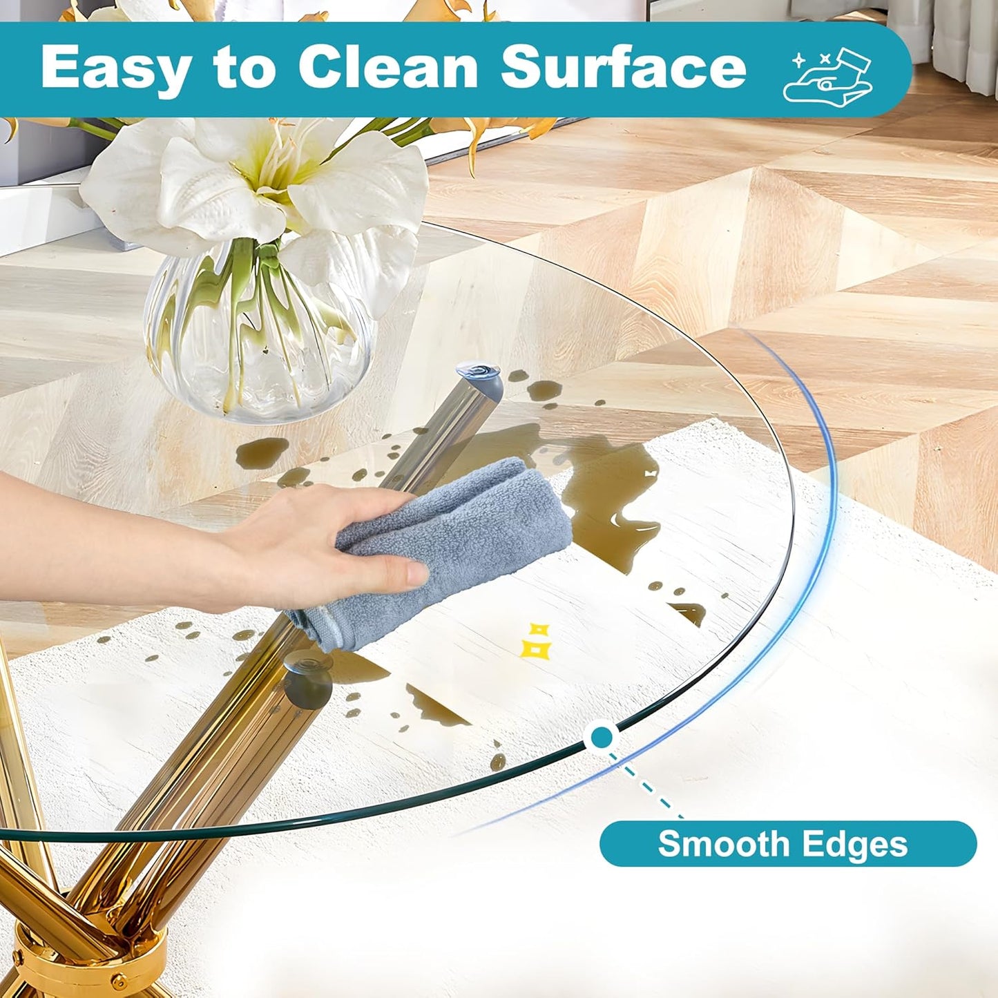 Kitchen Table for 2 Modern 36.6" Round Glass Table Small Tables with Trestle Metal Leg for Living Room and Apartment, Gold