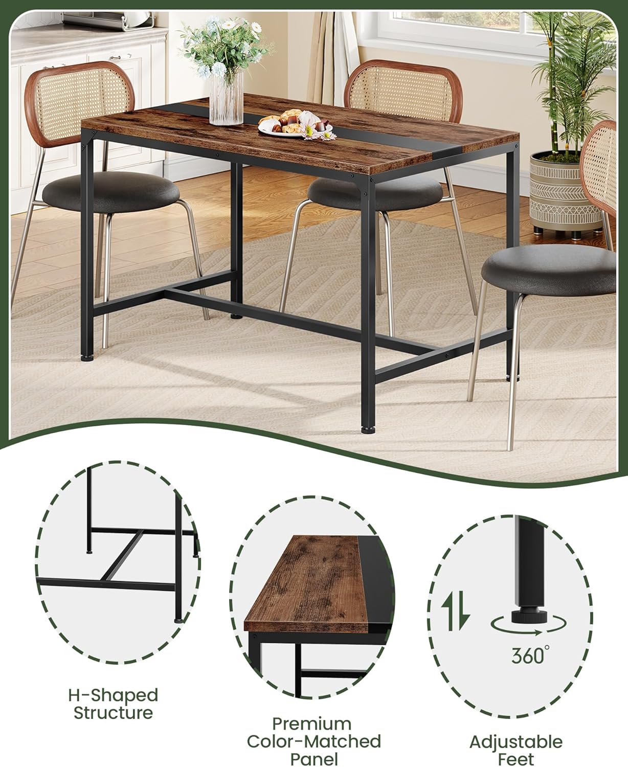 47.2'' Dining Table, Rectangle Color-Blocked Kitchen Dinner Table, for 6 People, Writing Desk, for Dining Room, Living Room, Office, Rustic Brown and Black TCZ12BF