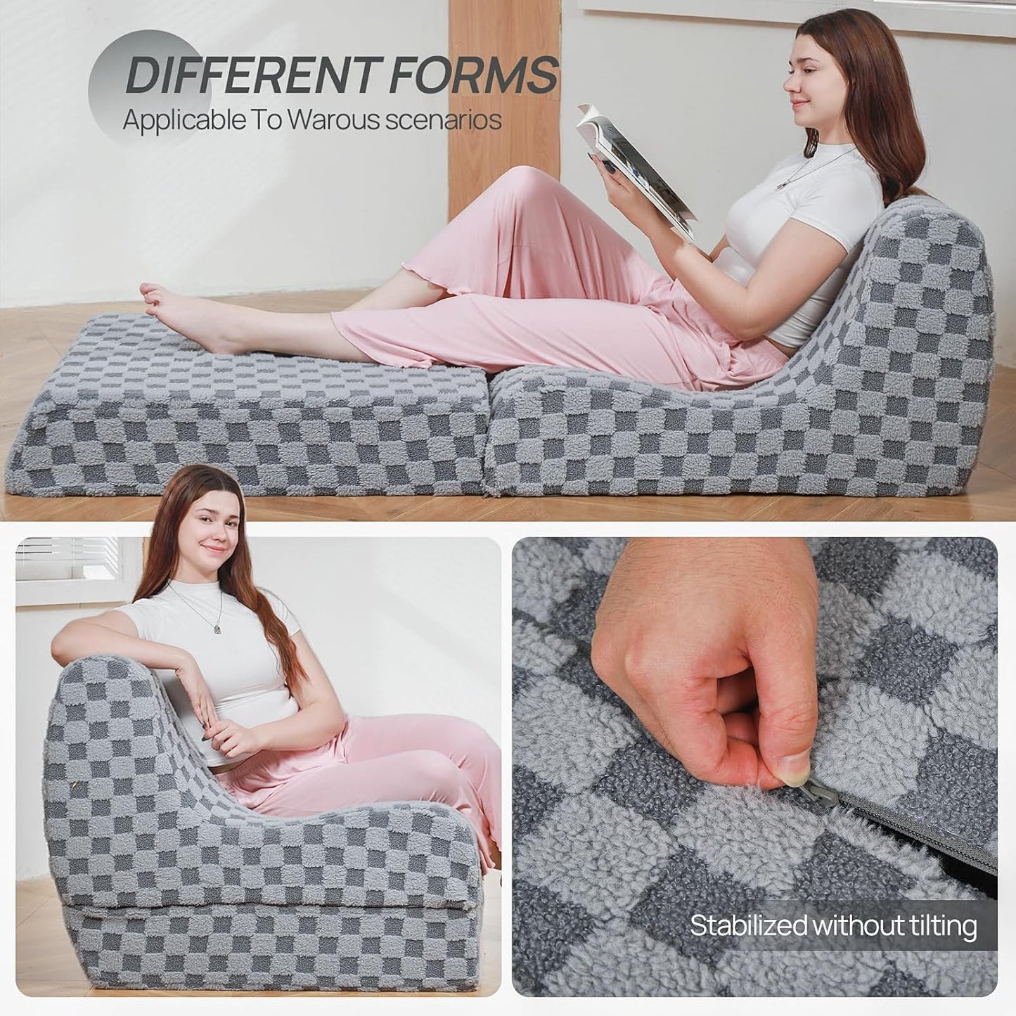 Bean Bag Chair with Checkerboard Shaker Fleece Fabric, Folding Sofa Bed, Floor Sleeper Lounge Chair, Lazy Sofa for Living Room, Bedroom, Apartments (Cement Gray)