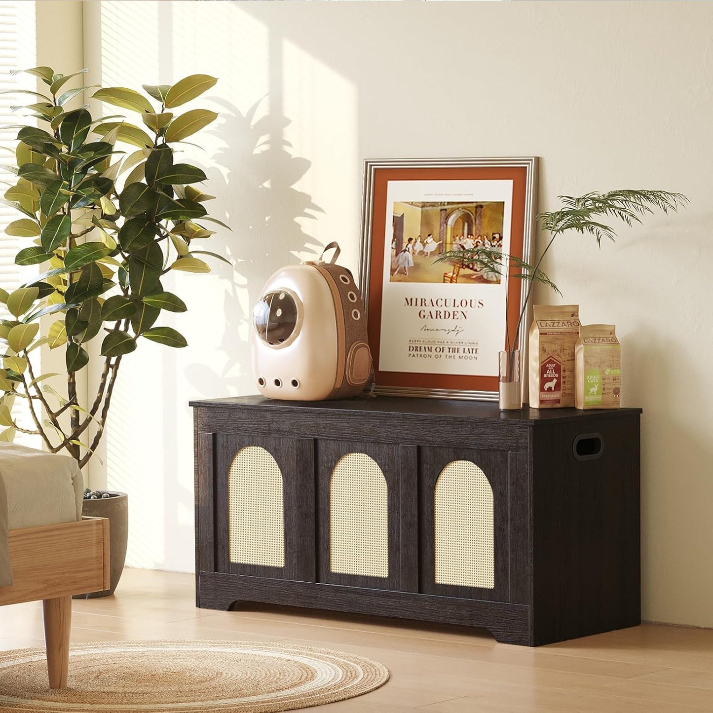 DINZI LVJ Storage Chest, 39.4" Rattan-Like Storage Box with 2 Safety Hinges, Wooden Entryway Shoe Bench with Flip-Top, Bedroom, Easy Assembly, Espresso and Natural