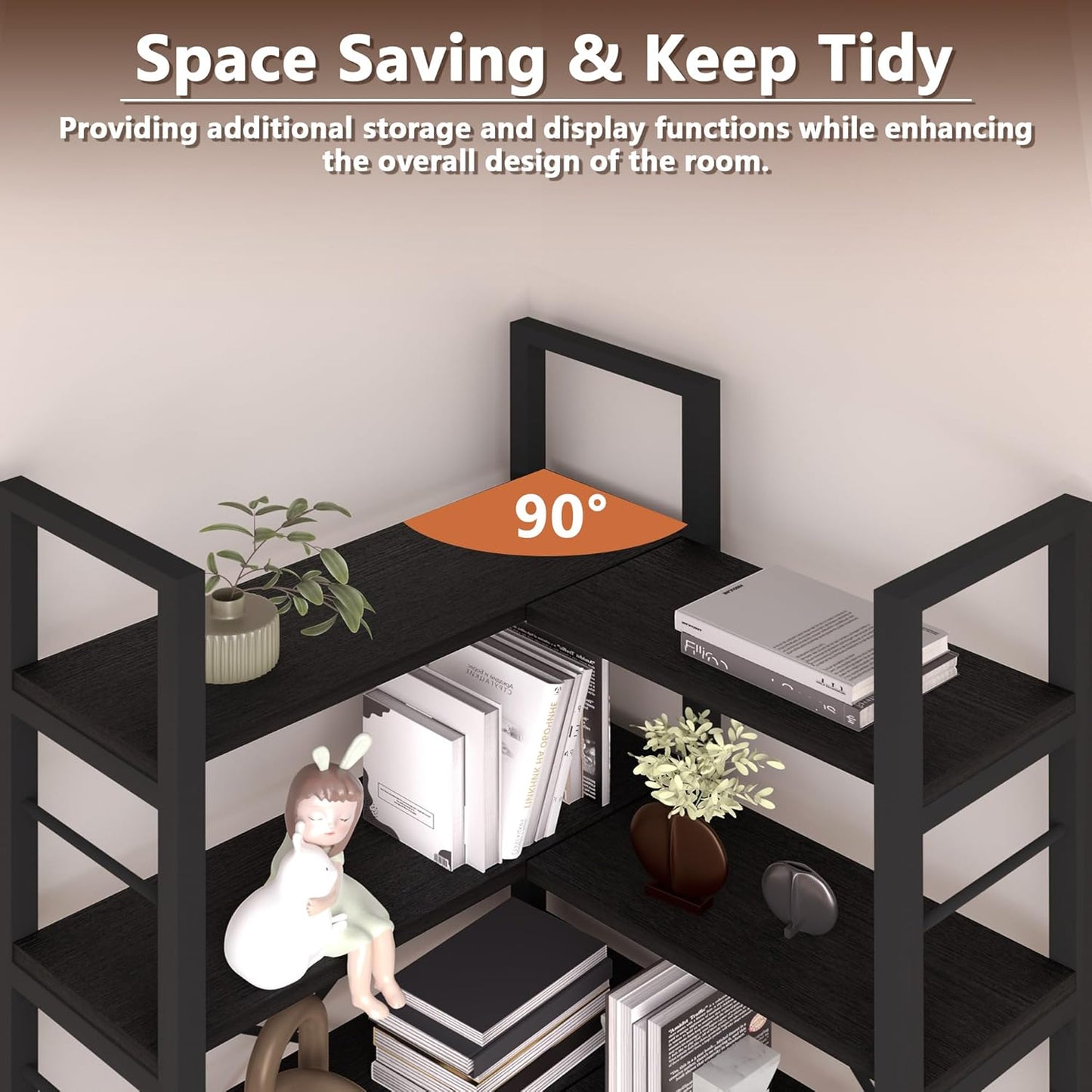 7-Tier Corner Bookshelf, Reversible Wooden Shelves, Industrial Bookcase with Open Shelves and Sturdy Metal Frame, Display Shelf Storage Rack for Living Room, Bedroom, Home Office (Black)