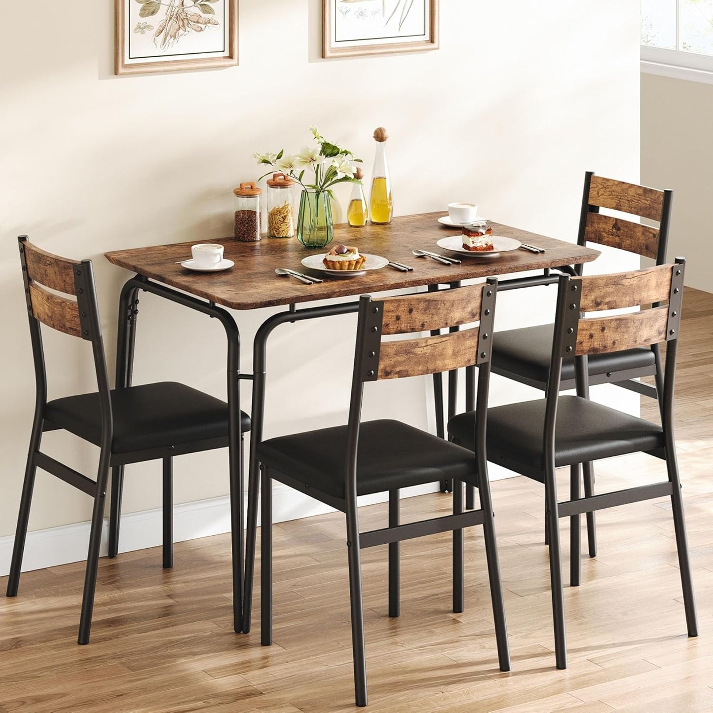 5 Piece Dining Table Set for 4, Compact Square Table Chairs, Sturdy MDF Top, Metal Frame, Space-Saving Breakfast Set for Kitchen, Apartment, Office, Easy Assembly Wipe-Clean