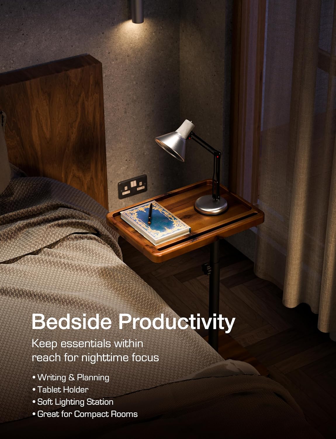 HOLANA Acacia Wood Adjustable C-Shaped Couch Table – 360° Swivel Side Table for Sofa - Small End Table for iPad, Laptop, or TV Tray – Eating Trays for Living Room or Bedside Use (Acacia)