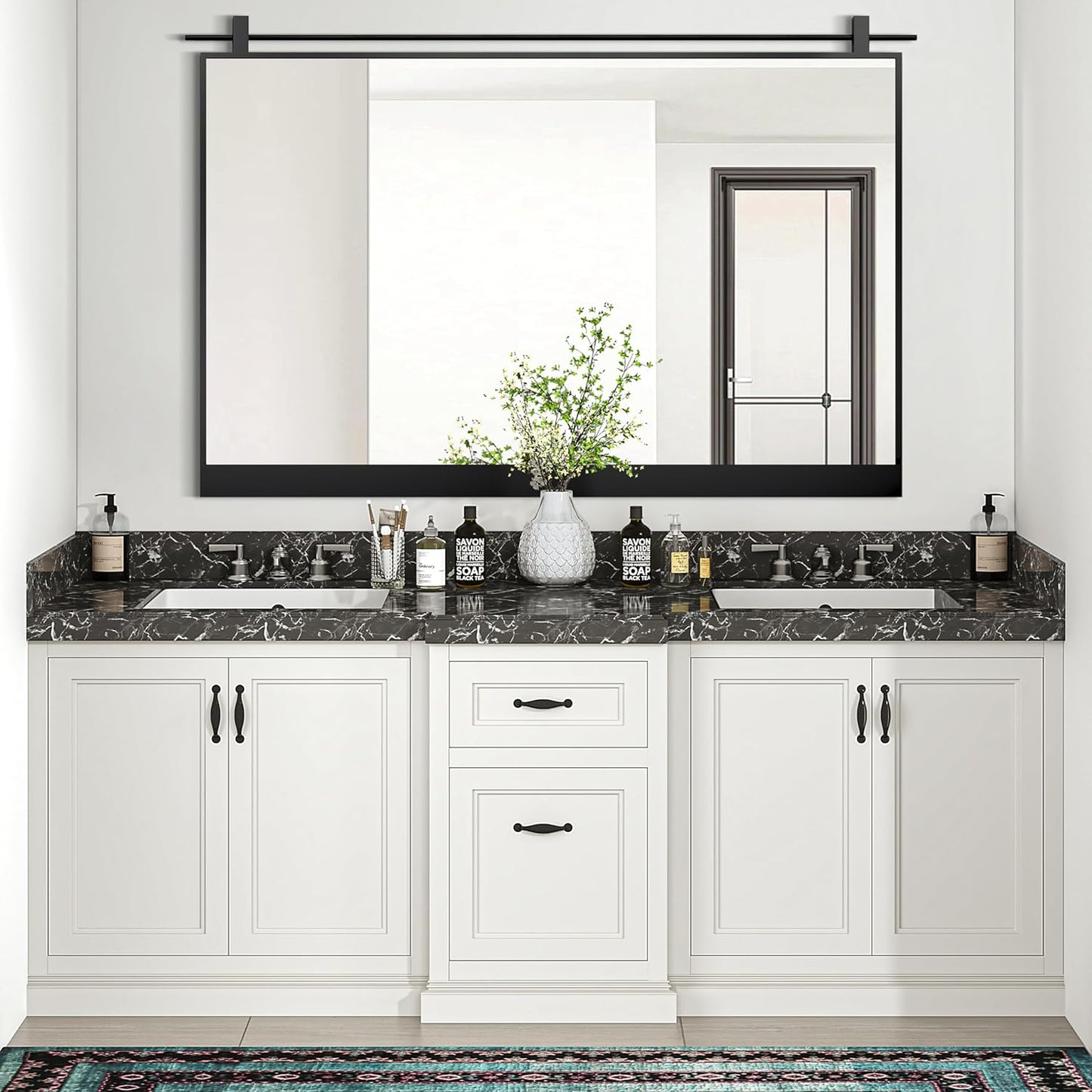 40x28 Inch Rectangle Bathroom Vanity Mirror for Wall Mounted Over Sink Farmhouse Rustic Matte Black Frame Barn Door Mirrors Foyer Entryway Decor