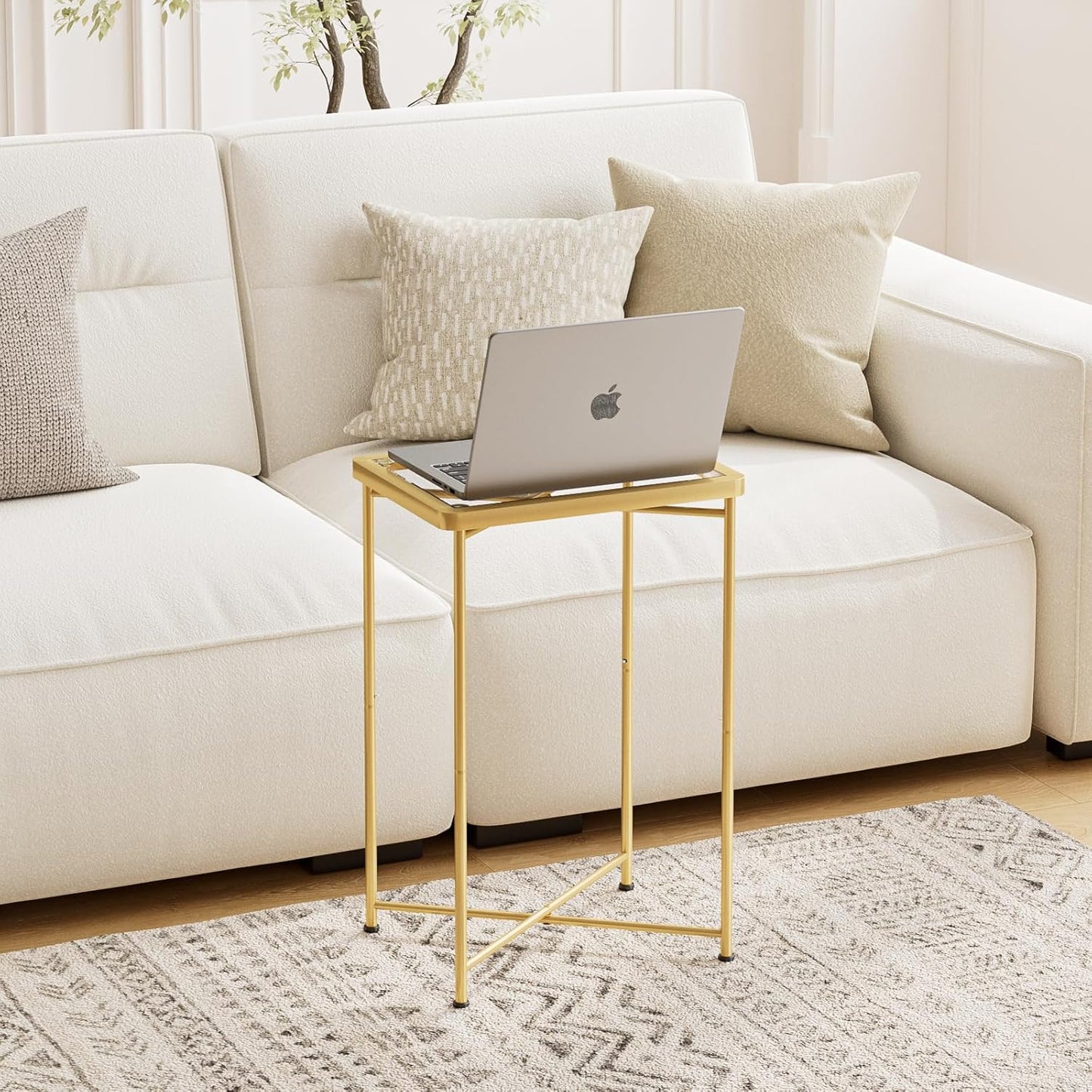 Garden 4 you Small Side Table, Glass End Table, Outdoor Side Table with Metal Frame, Mini Bedside Table for Living Room, Bedroom, Patio, Small Space, Gold