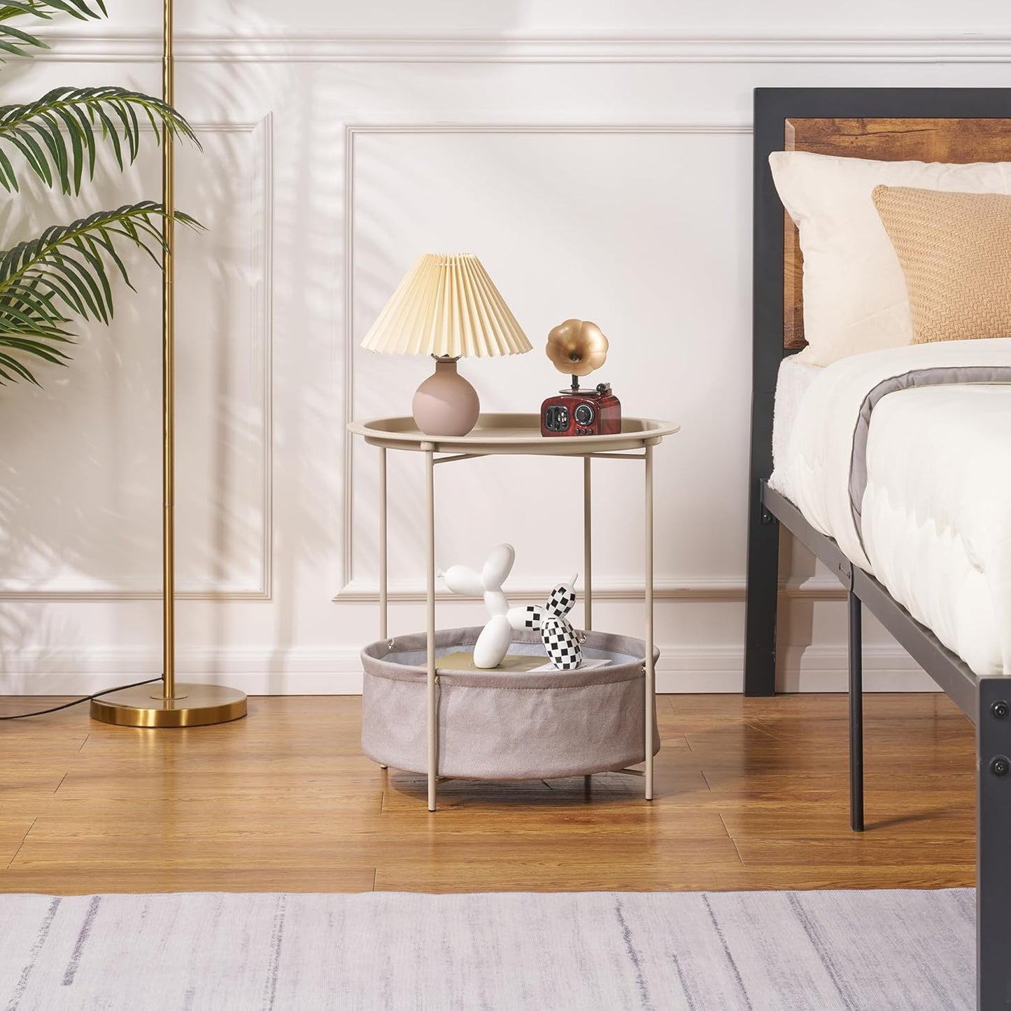 VECELO Round Side/End Table with Fabric Storage Basket,Metal Anti-Rust and Waterproof Small Bedside Nightstand with Removable Tray Top for Living Room,Balcony & Laundry,Grey /1pcs with Basket