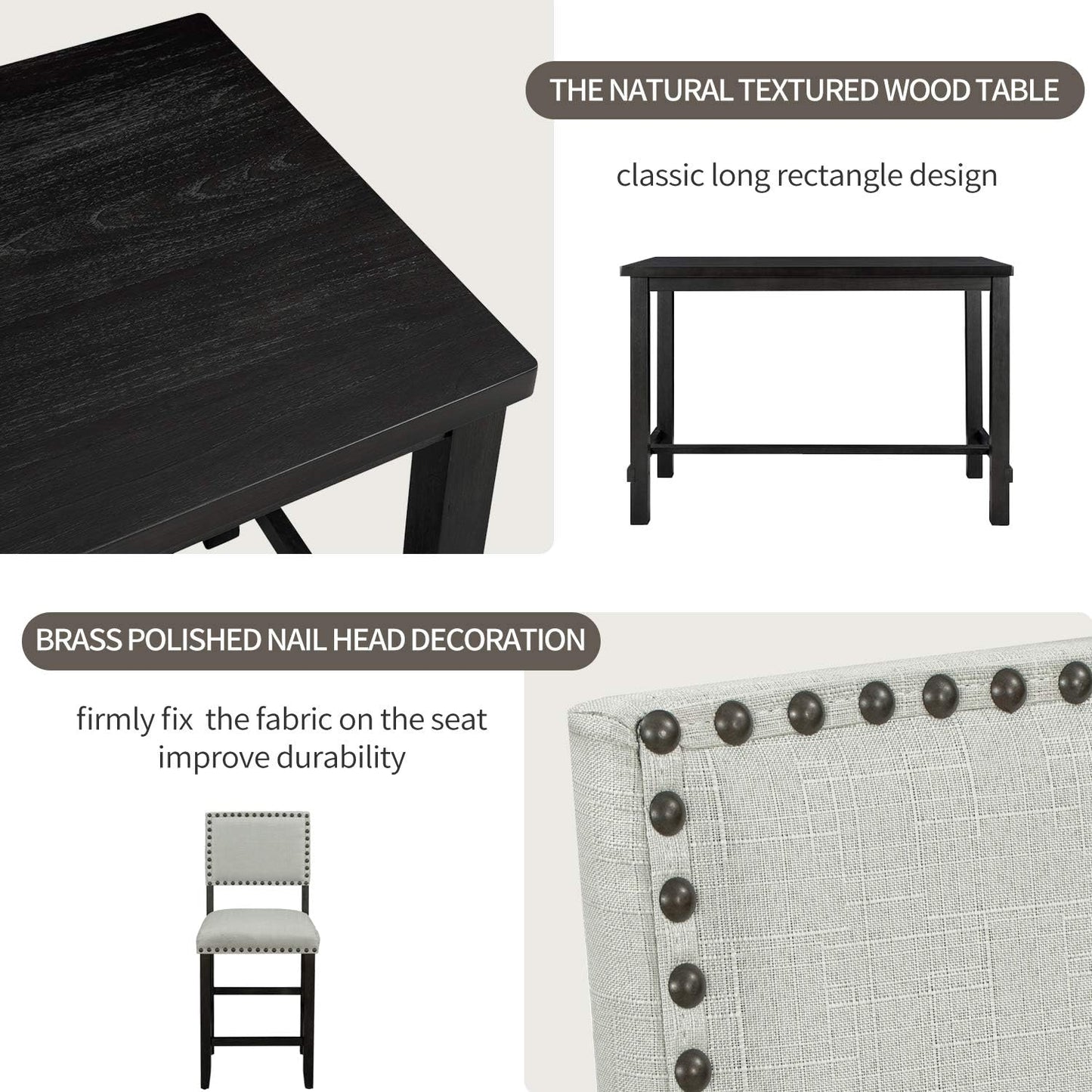 5 Pieces Dining Table Set,Wooden Living Room Furniture with 52" Rectangle Kitchen Desk,4 Upholstered Chairs W/Curved Backrests,for Restaurant,Home Bistro,Espresso and Beige