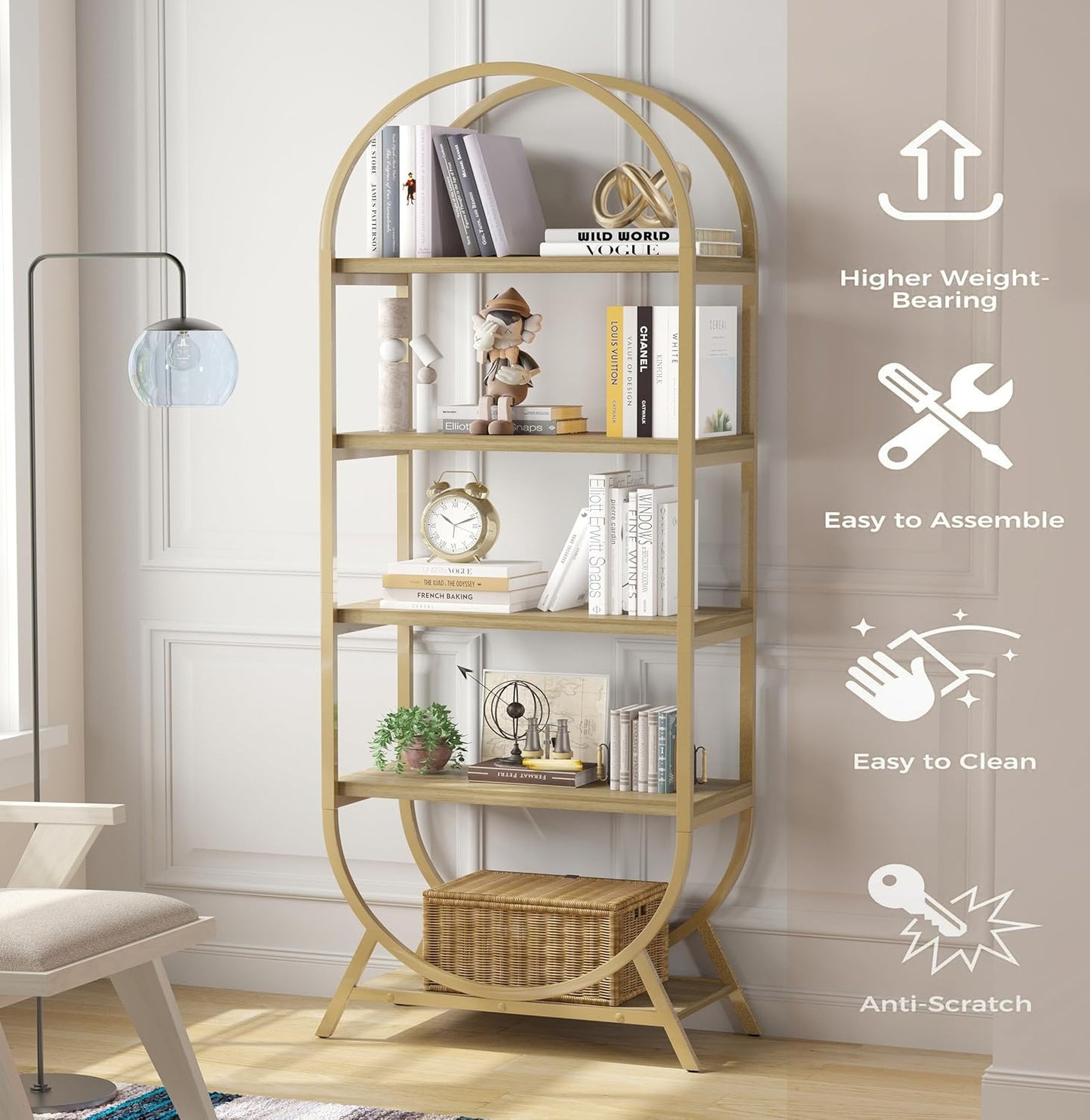 Bookshelf Arched Bookcase, Industrial 5 Tier Open Book Shelves with Metal Frame, 72" Tall Freestanding Display Rack for Home Office, Living Room,Nature Wood and Gold