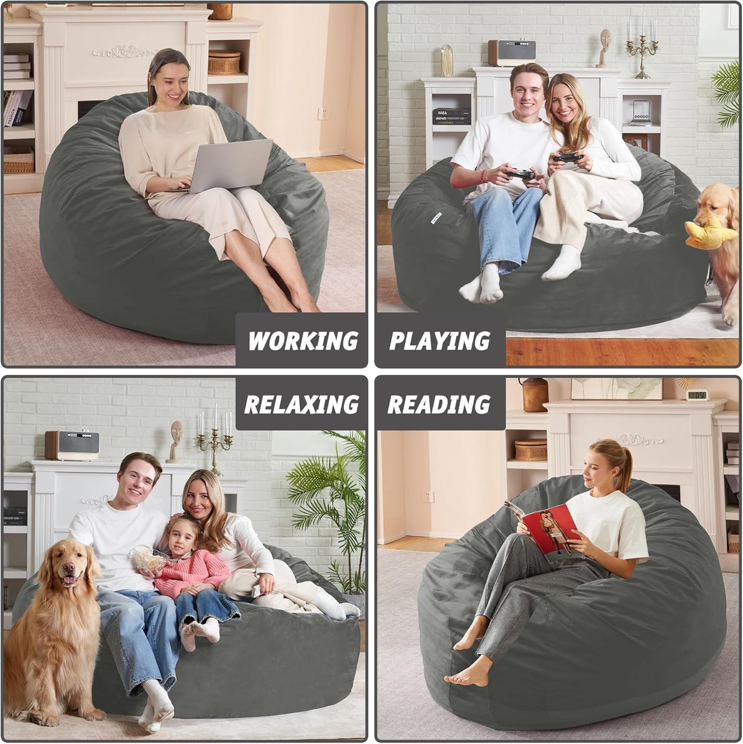 5FT Bean Bag Chair with Ultra Soft Velvet Cover Bean Bag Sofa with Memory Foam Bean Bag Chairs with Large Size Lazy Sofa for Dorm Office Living Room Bedroom Light Grey 5'