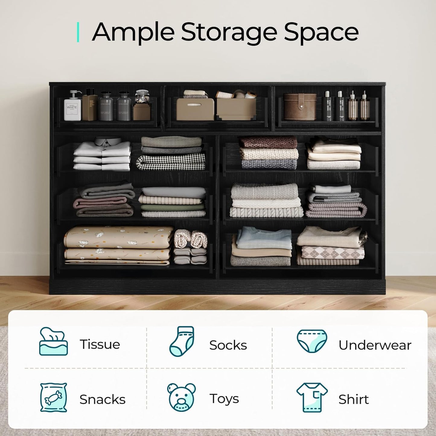 LINSY HOME 9 Drawer Dresser for Bedroom, 54" Wide Chest of Drawers, Modern TV Stand Dressers with Wood Frame and Metal Handles, Large Drawer Organizer for Bedroom, Living Room, Black