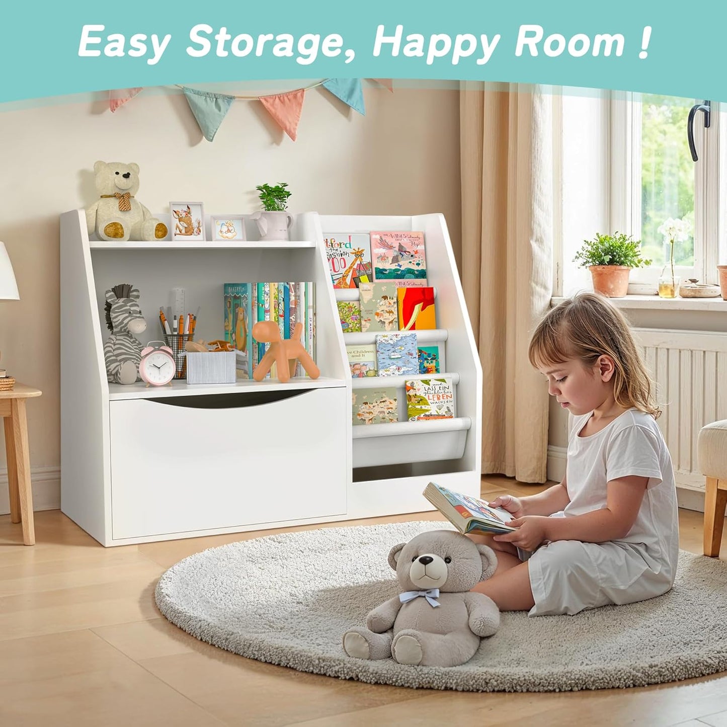 TOETOL 2 Tier Kids Bookshelf and Book Storage,4 Sling Toddler Bookshelf, Storage Boxes Book Shelf & Organizer for Nursery Playroom Classroom Library Bedroom White