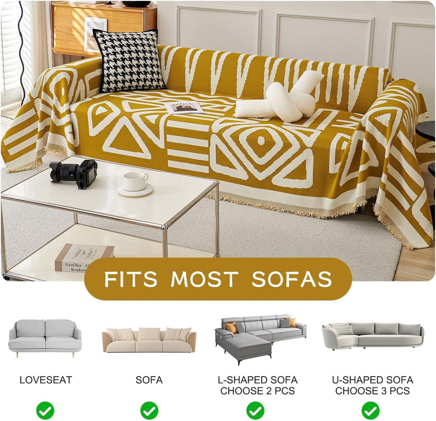 STACYPIK Boho Ginger Yellow Couch Cover, Reversible Sofa Cover L Shaped, Pets Protector for 2 Cushion Couch, Anti Slip Loveseat Sofa Cover Pet Friendly, Washable Jacquard Couch Cover Blankets-71X118IN