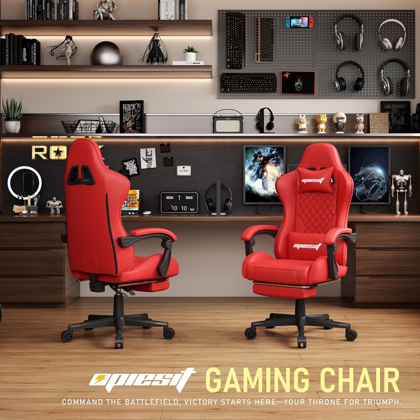 Gaming Chair Office Chair with Footrest, Height Adjustable, Ergonomic Computer Chairs with Pocket Spring Cushion, PU Leather,Video Game Chair 360° Swive,(PU-Red)