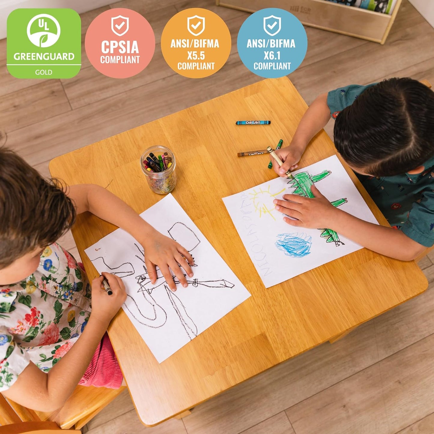 ECR4Kids 24in x 24in Hardwood Table and Chair Set, 12in Seat Height, Kids Furniture, Honey