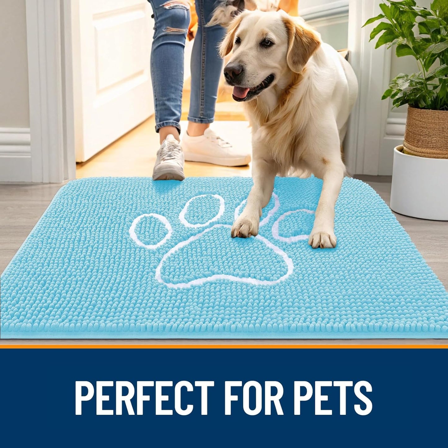 OLANLY Door Mat for Muddy Dog Paws 59x35, Ultra Absorbent Chenille Mud Doormat with Paw Print Design, Non-Slip Washable Doormat for Indoor Entryway, Quick-Dry Pet Bed Mats for Dirty Dogs, Blue