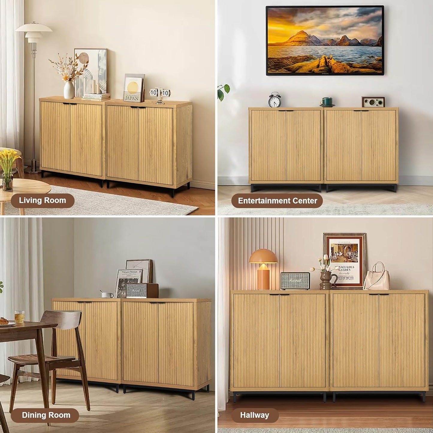 Buffet Cabinet with Storage Accent Sideboard Modern Credenza with 2 Doors & 3 Shelves Fluted Media Console for Living Room Kitchen Dining Room Hallway (Natural Oak)