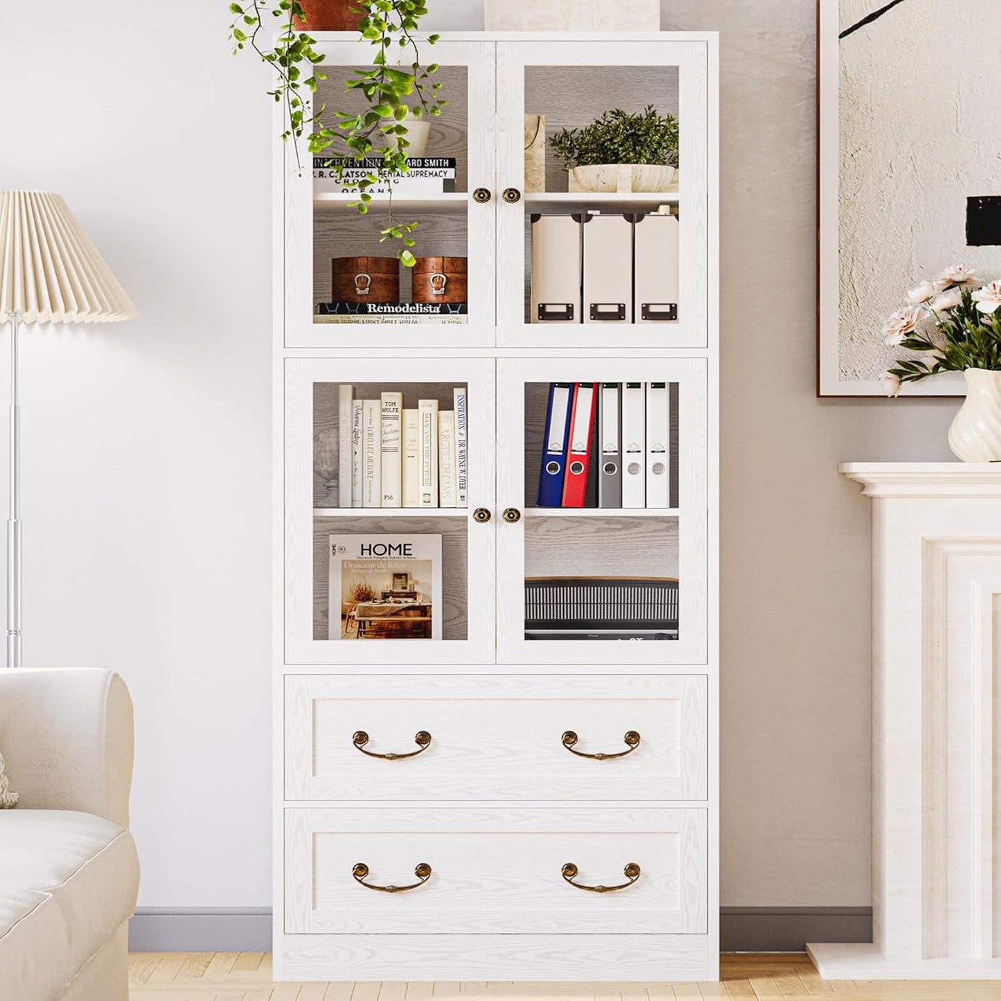 IRONCK Bookshelves and Bookcases, Bookshelf with 2 Drawers, 79.1" Inch Tall Bookshelf, 4 Tier Bookcase with Acrylic Doors, Large Storage Cabinet for Home Office, Living Room, Kitchen