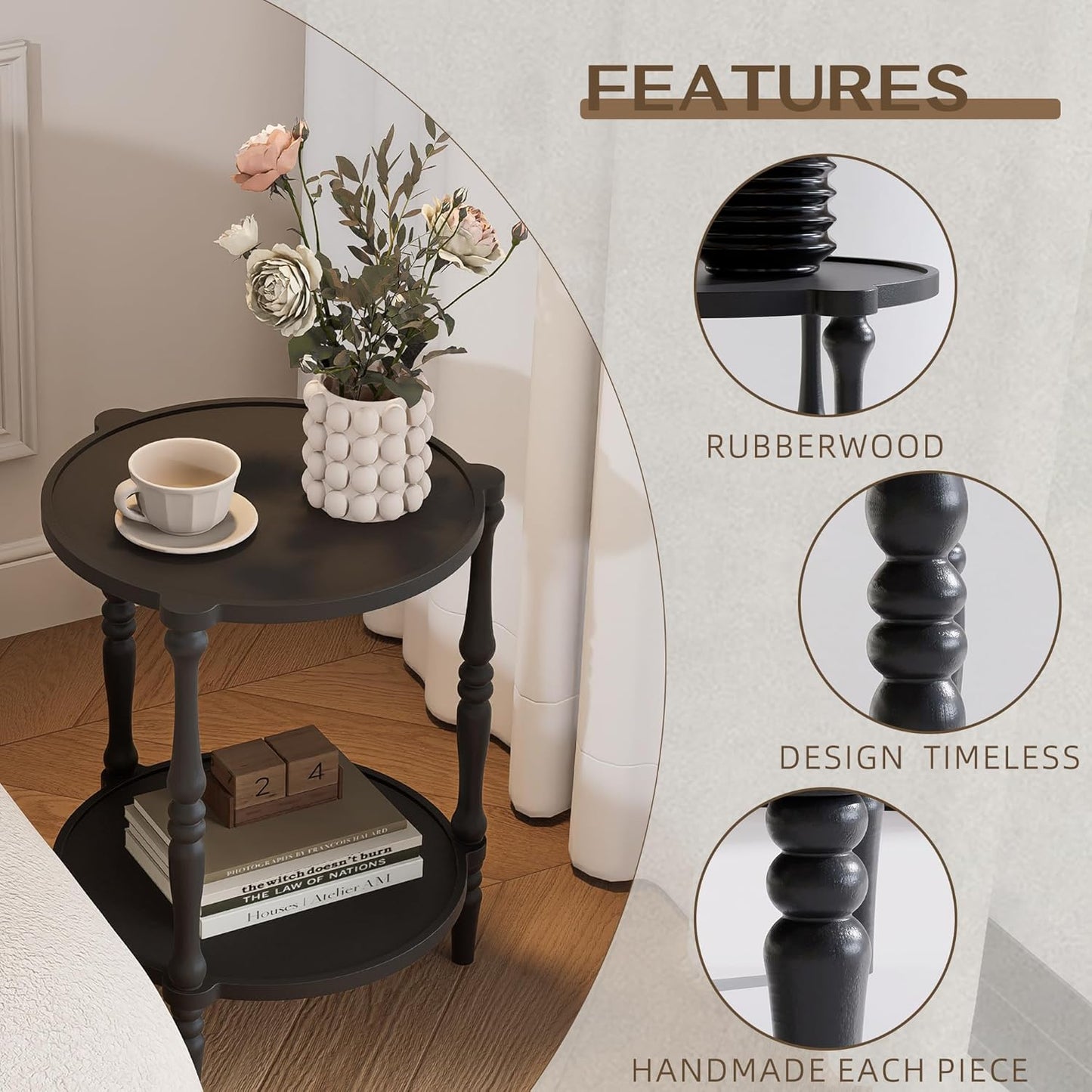 Accent Wood End Table, 2-Tier Round Bedside Table, Natural Side Table Nightstand for Family, Bedroom, Living Room, Handcrafted Finish, Black