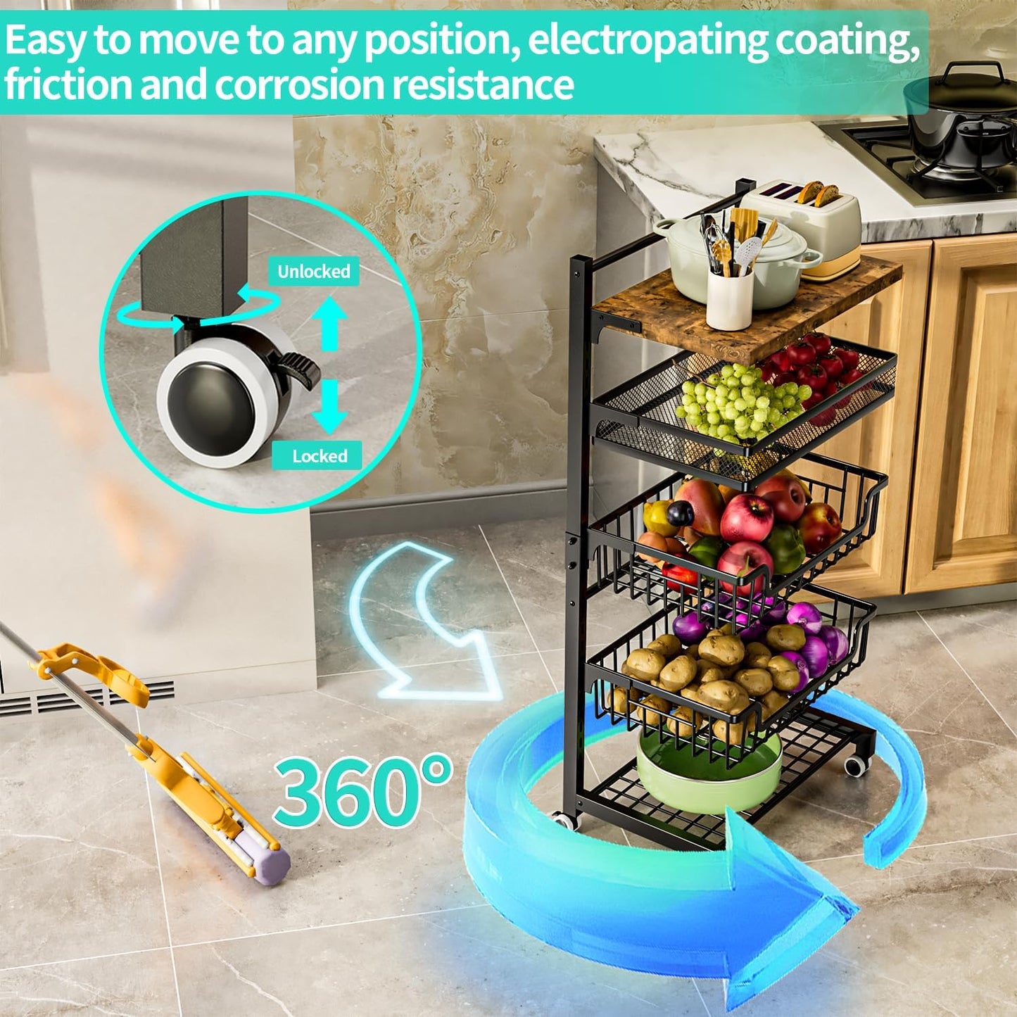 HapiRm Fruit Basket Kitchen Cart - 5 Tier Adjustable Vegetable Storage Rack, Large Capacity Rolling Kitchen Carts on Wheels for Snack Onion and Potato Storage