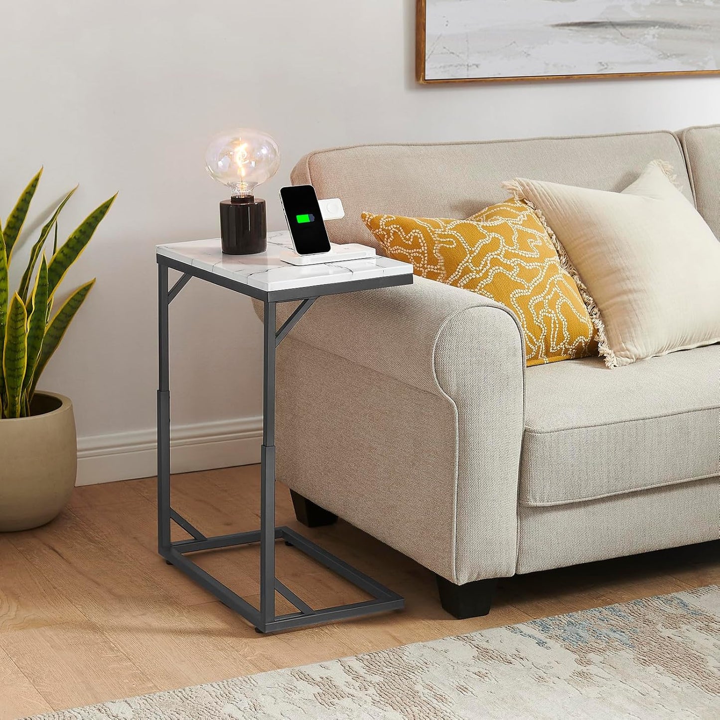 C-Shaped End Table, Small Sofa Table with Metal Frame, Adjustable Height Side Table for Couch, Living Room, Bedroom, Bedside (Black, Medium)