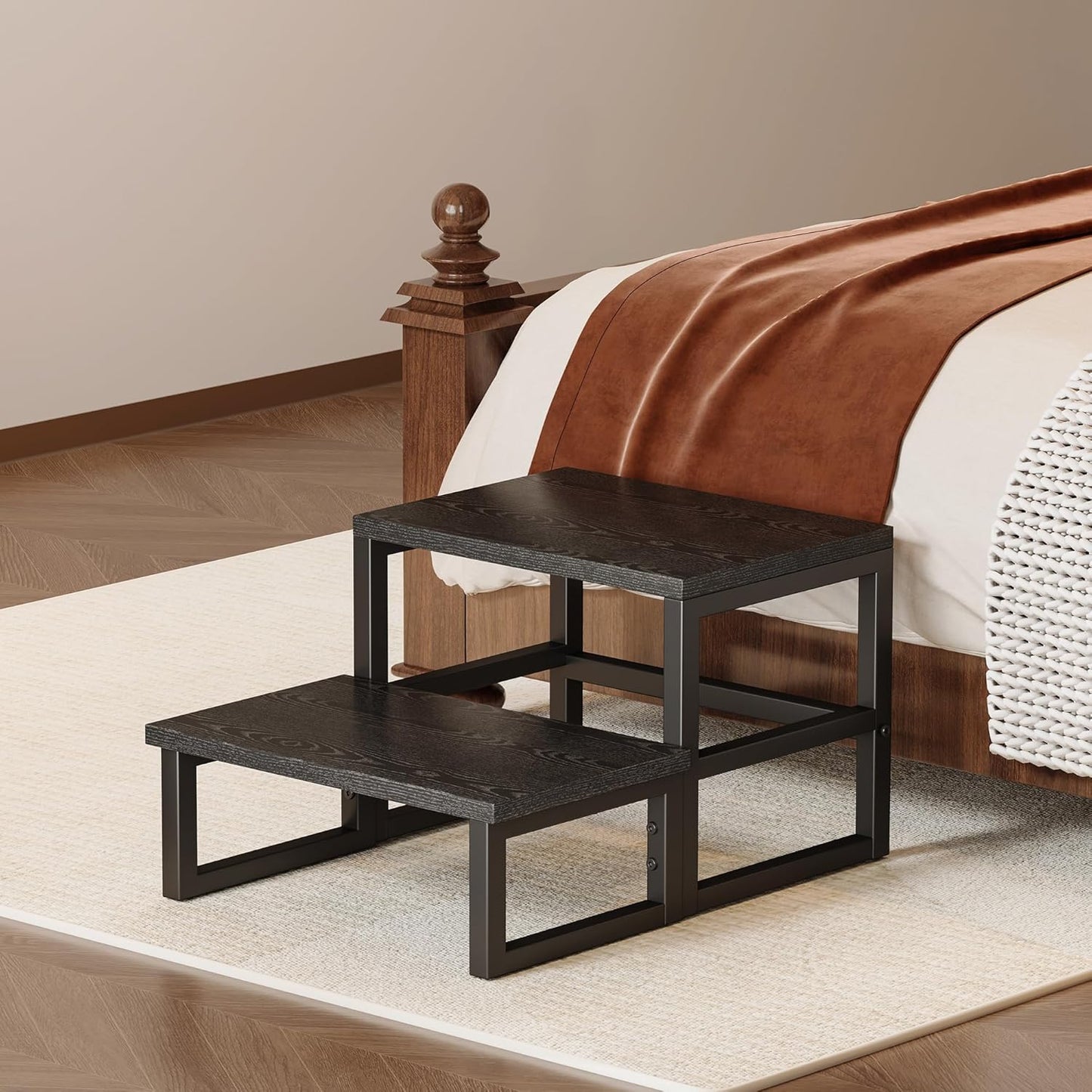 Homeiju 3 in 1 Step Stools for Adults Kids Toddler, Heavy Duty Wooden Step Stool with Non-Slip Pads, 2 Tire Step Stool for Kitchen Bathroom Bedroon Stepping Stool, Black